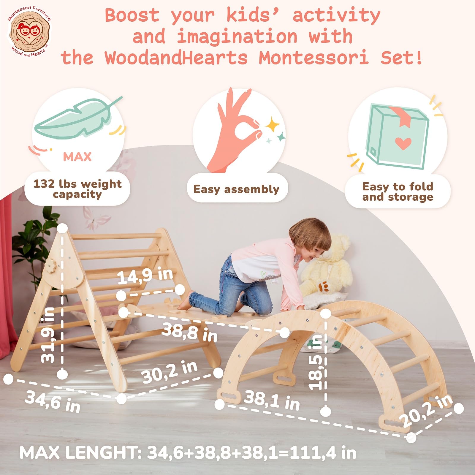 Premium Wooden Montessori Climbing Triangle Set for Toddlers - 3-Piece Wooden Toys with Ramp & Activity Gym | Large Size Baby Climbing Equipment for Indoor Play, Gross Motor Skill Development & Montessori Learning