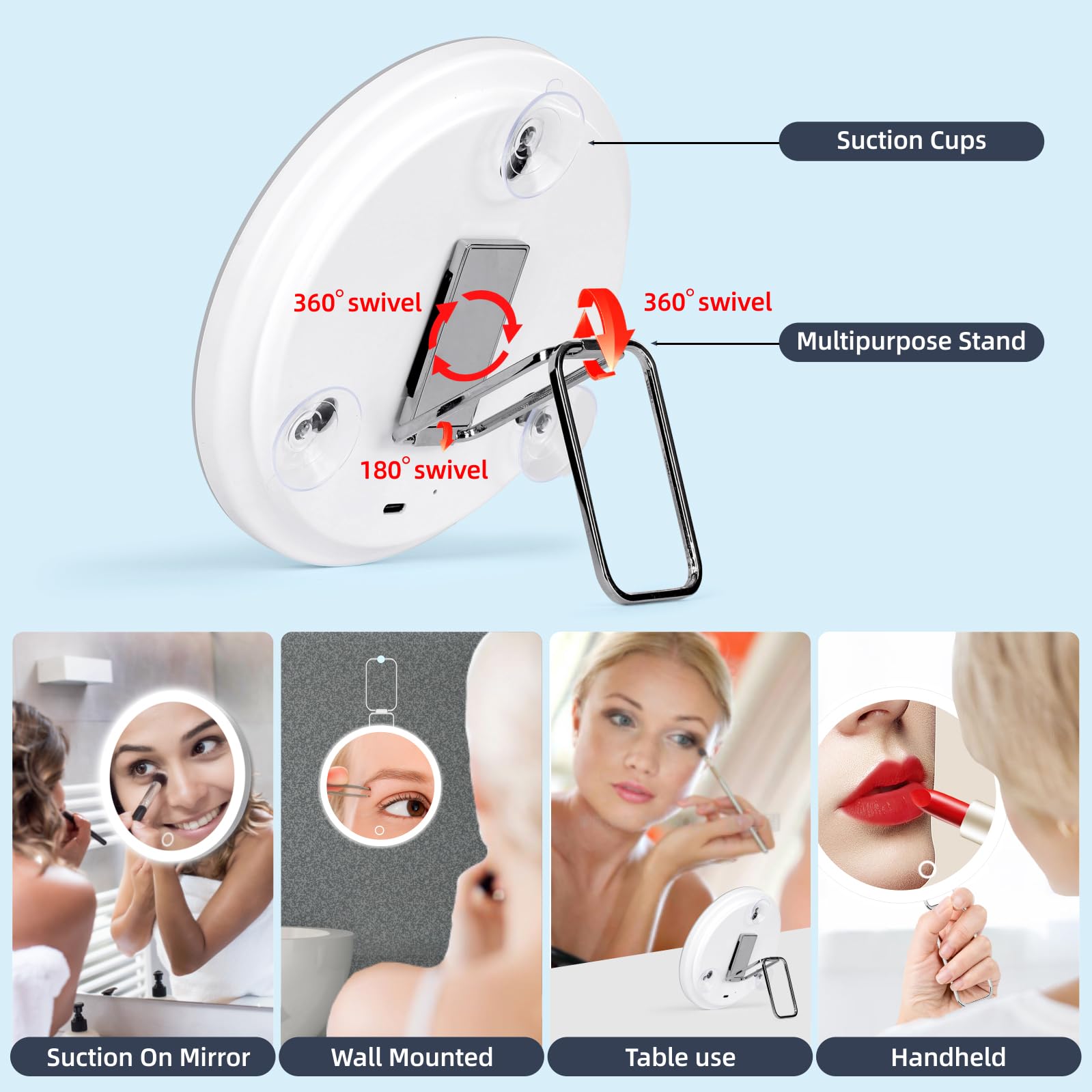 30X Magnifying Mirror with LED Light - 6'' Large Makeup Mirror for Travel & Home Use - High Magnification Compact Mirror with Adjustable Stand & 3 Suction Cups - Perfect for Makeup Application, Skincare Routine, and Detailed Grooming