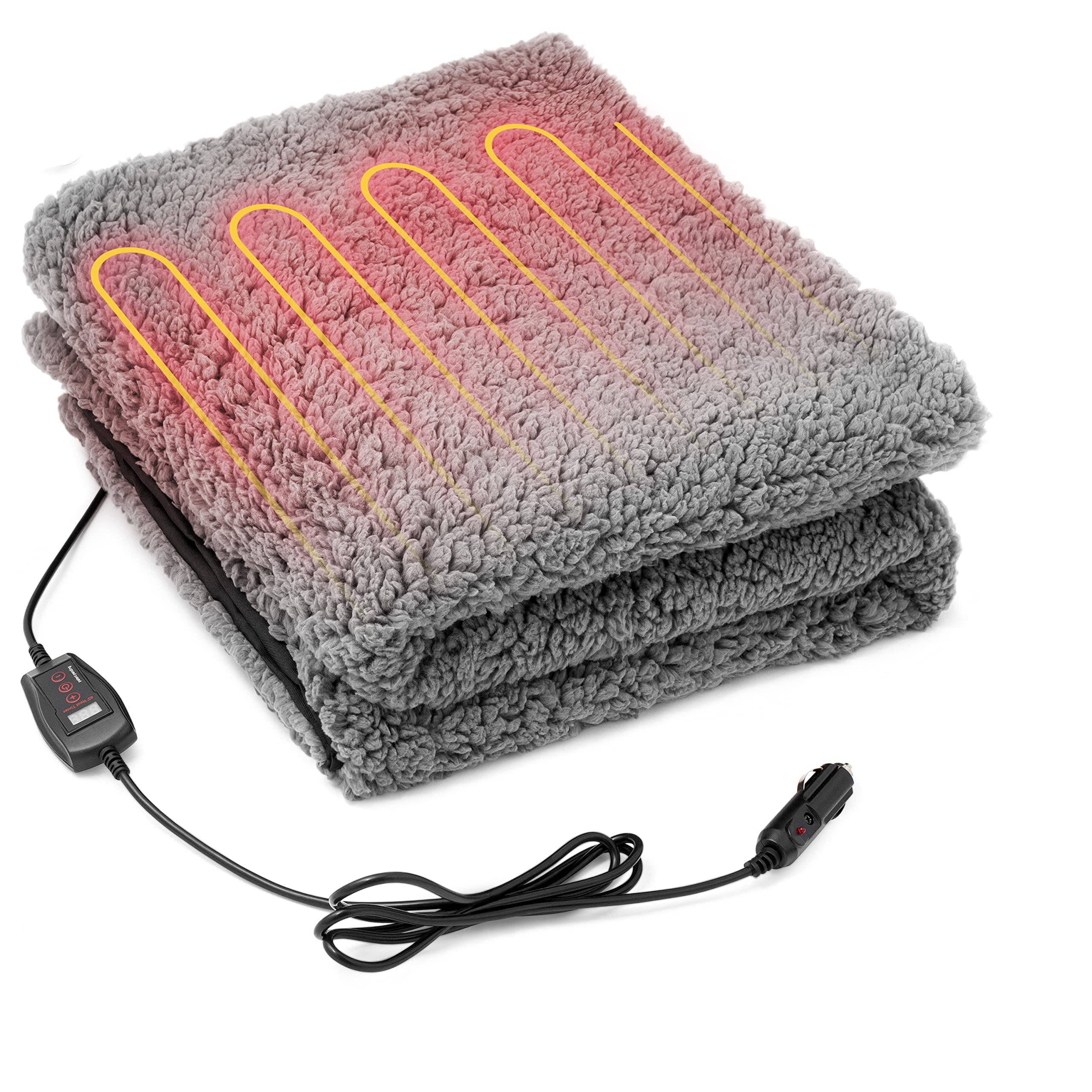 VaygWay Winter Ultimate - 12V Heated Sherpa Fleece Blanket & Steering Wheel Cover for Cars - Perfect for Cold Weather Driving, Road Trips, and Outdoor Adventures