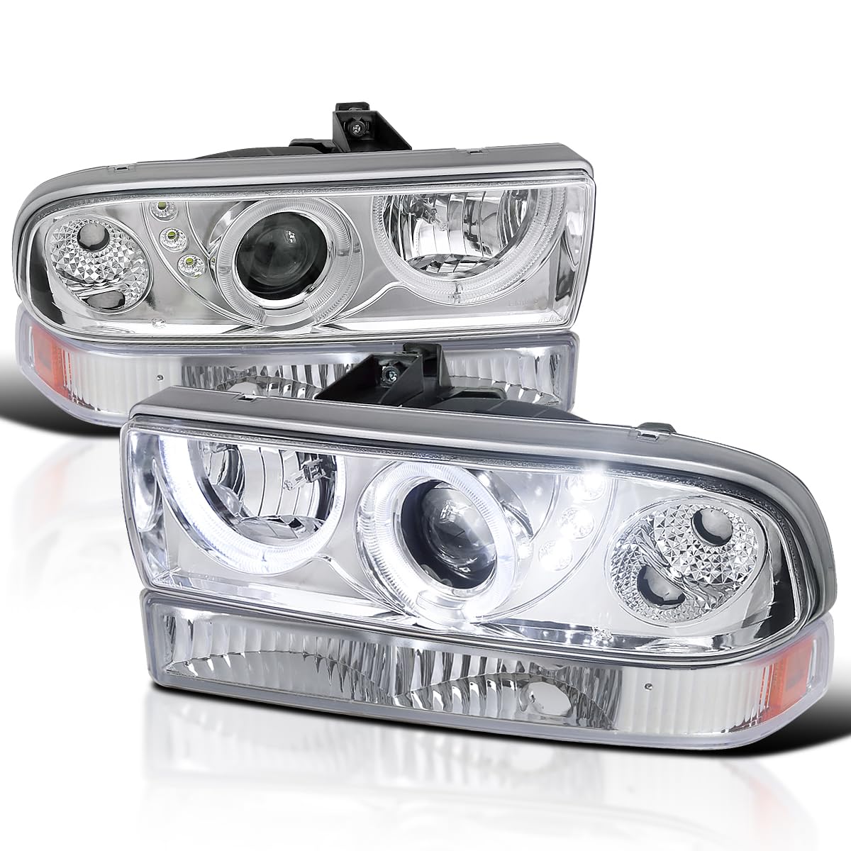 Spec-D Tuning Chrome Halo SMD LED Projector Headlights with Chrome Bumper Lights - Compatible with 1998-2004 Chevy S10 (Left & Right Pair) - High-Performance Headlamp Assembly for Night Driving & Off-Road Adventures