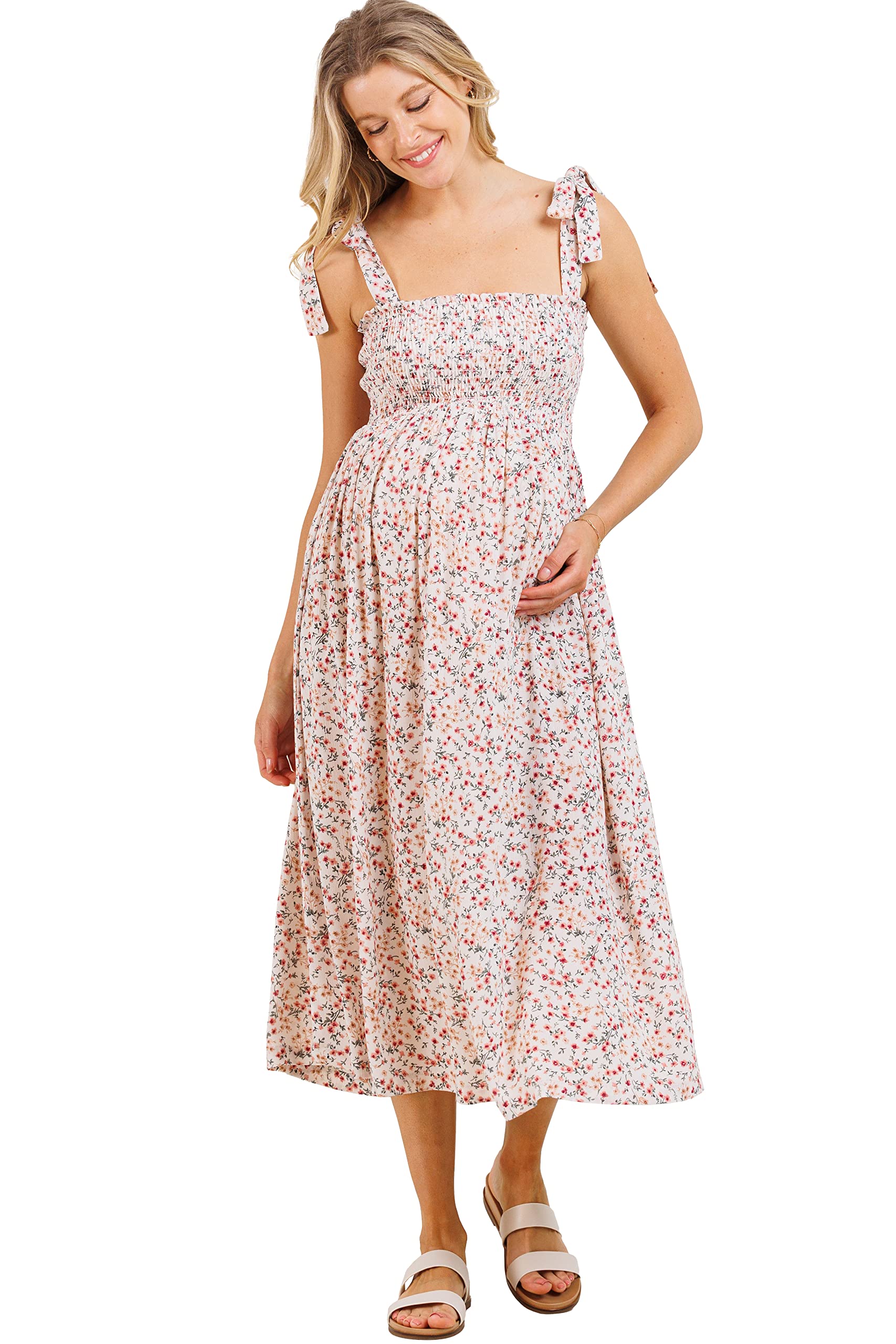 Women's Smocked Maternity Dress - Flowy Midi Length for Pregnancy Comfort | Perfect for Baby Showers, Maternity Photos & Everyday Wear