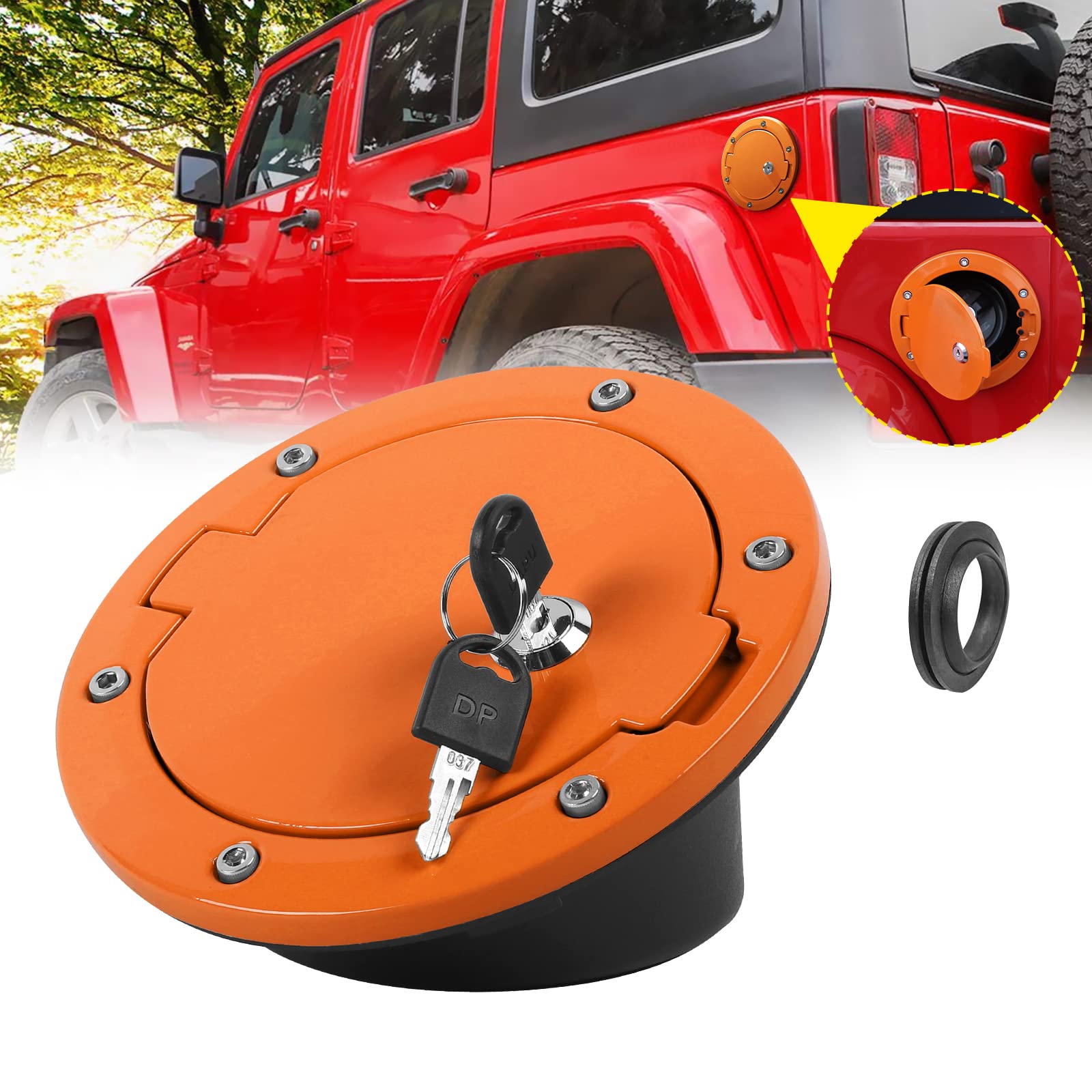 JeCar Fuel Filler Door Locking Gas Cap Cover - Orange Exterior Accessory for 2007-2018 Jeep Wrangler JK & Unlimited Models | Secure Gas Tank Protection for Off-Road Adventures & Parking Safety