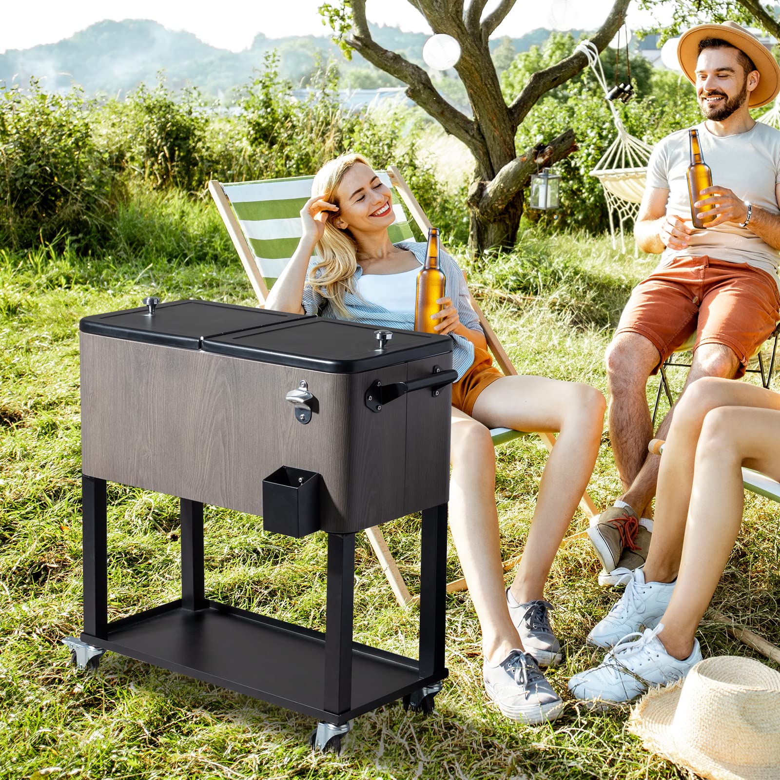 80 QT Rolling Cooler with Wheels & Shelf - Portable Outdoor Ice Chest for Camping, Picnics, Tailgating & Backyard Parties - Heavy Duty Drink Cooler Cart for Patio, Beach & BBQ
