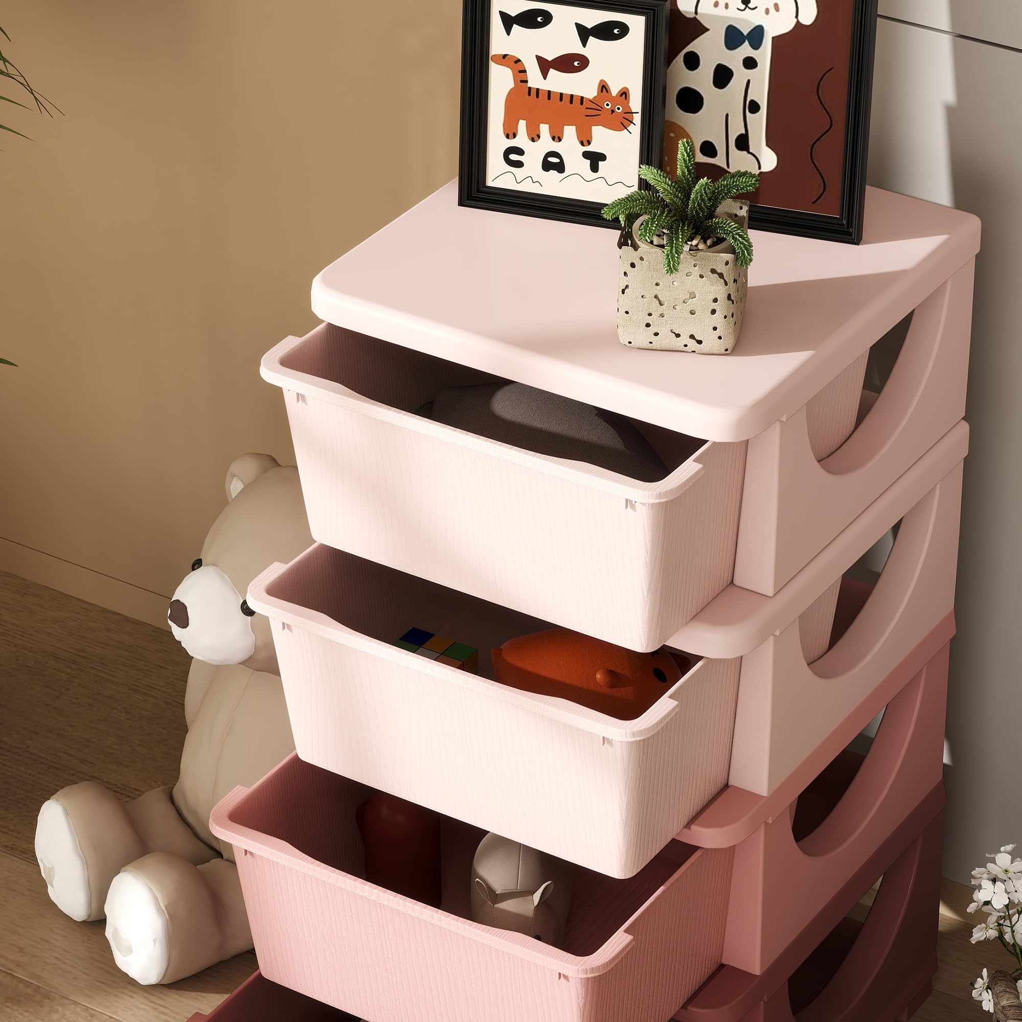Qaba 4-Tier Kids Storage Unit with 4 Drawers - Toy Organizer with Plastic Bins for Bedroom, Nursery & Kindergarten - Space-Saving Storage Solution for Boys, Girls & Toddlers (Pink) - Perfect for Organizing Toys, Books & Clothes in Kids' Rooms & Play Areas