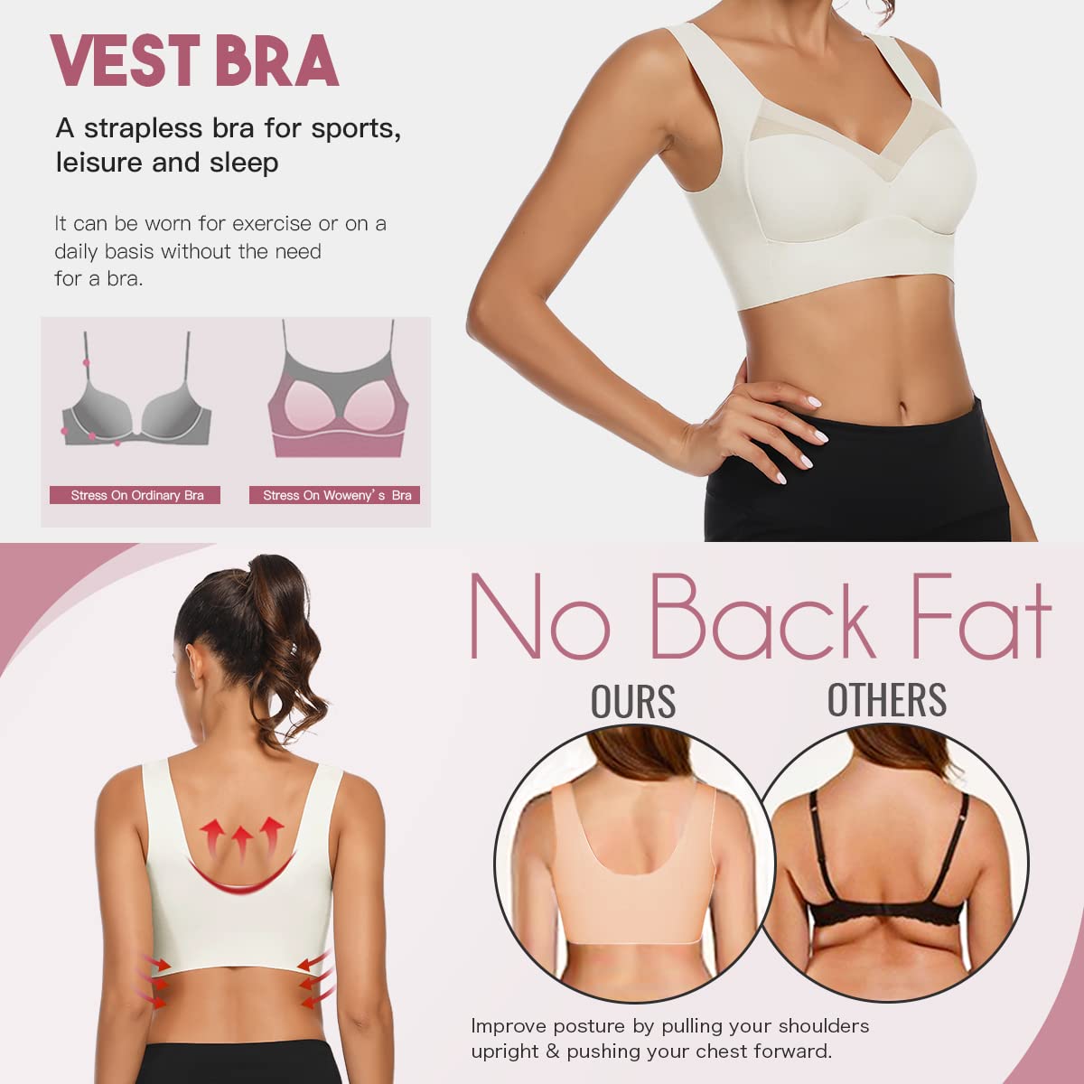 WOWENY Wireless Comfort Bras for Women - Seamless Soft Padded Support Bra with Breathable Mesh - Perfect for Yoga, Workout & Everyday Wear
