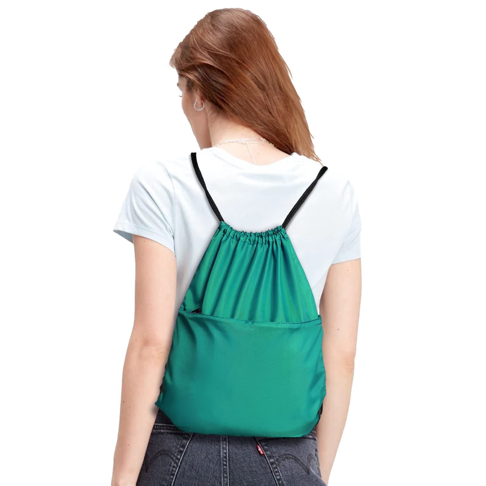 210D Nylon Foldable Drawstring Backpack with Zipper Side Pocket - Lightweight Sports Gym Tote Bag for Men & Women (Teal) - Perfect for Workouts, Travel, and Everyday Use