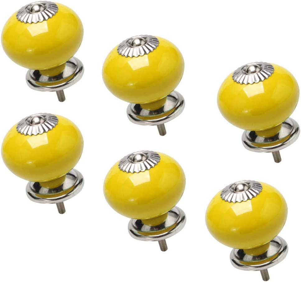 Vintage Ceramic Cabinet Knobs - 6 Pack White & Yellow Round Drawer Pulls for Furniture, Wardrobe, Dresser & Cupboard - Decorative Handles for Kitchen, Bathroom & Home Renovation