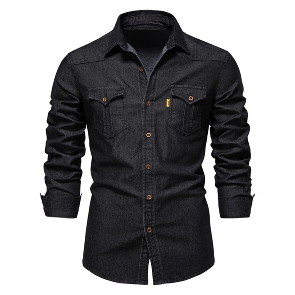 Men's Denim Shirt - Slim Fit Casual Button Down Jeans Shirt for Men, Long Sleeve Blue Denim Top, Spring & Fall Fashion Essential - Perfect for Casual Outings, Date Nights & Weekend Wear
