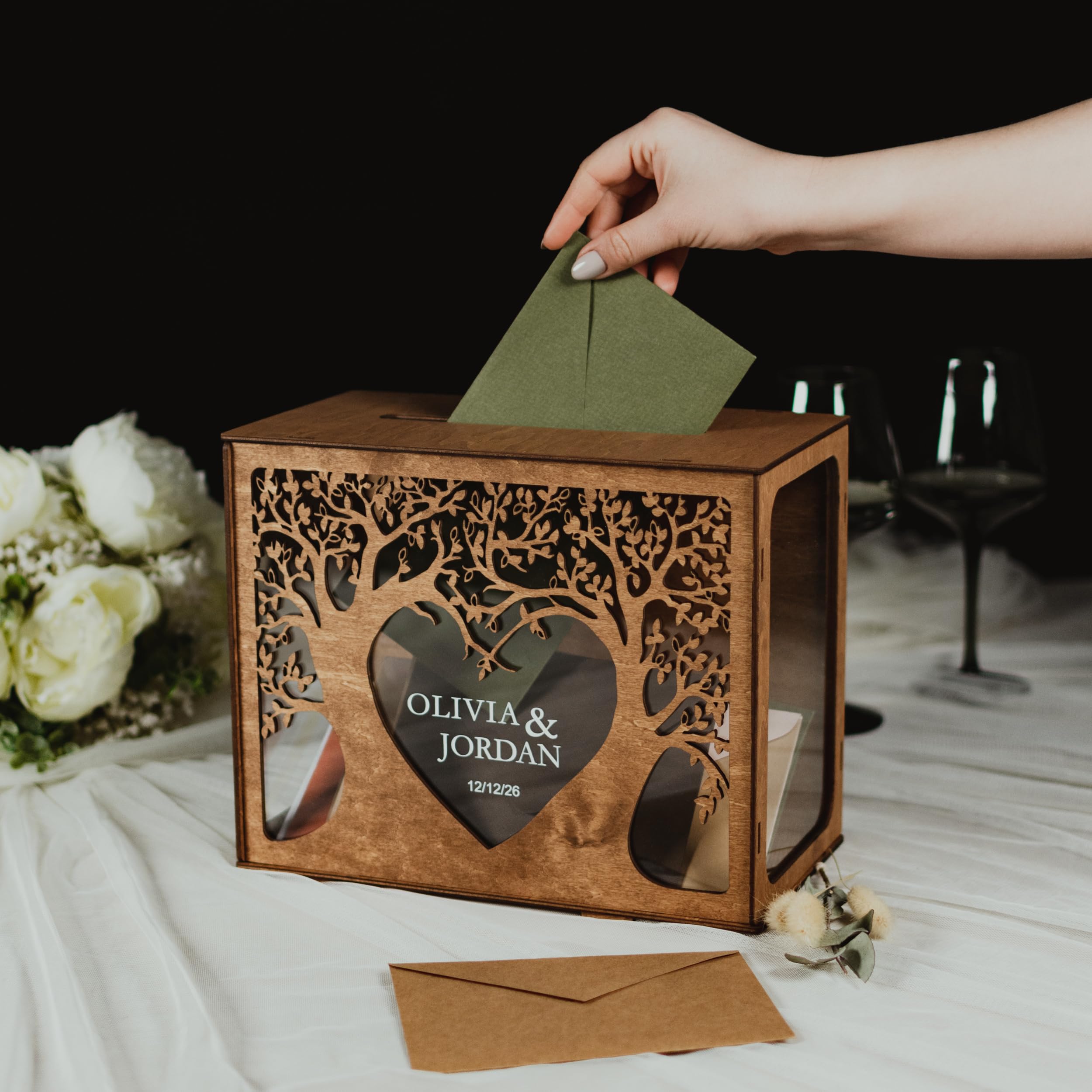 Personalized Wooden Wedding Card Box - Custom Rustic Money & Card Holder with Tree Design - Elegant Bridal Shower, Birthday Gift Box - Perfect for Wedding Reception, Anniversary & Special Events