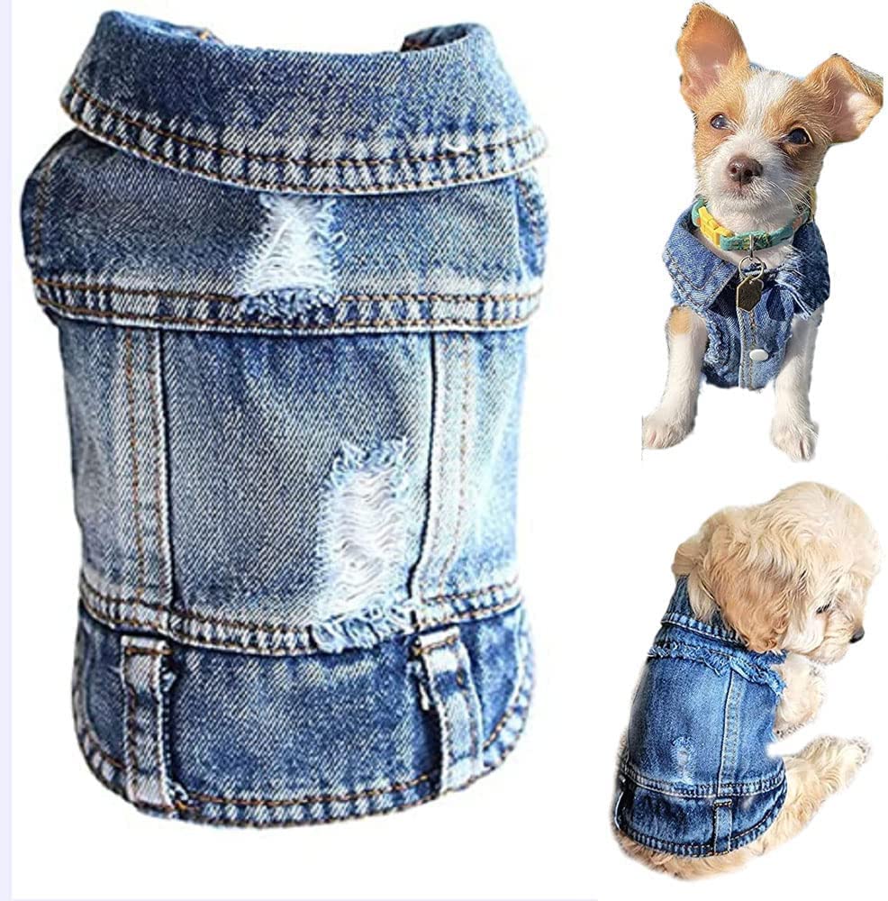 Stylish Ripped Denim Dog Jacket - Breathable Pet Vest for Small Dogs & Cats | Trendy Spring Fashion Costume for Puppies & Kittens | Perfect for Outdoor Walks, Photo Shoots & Pet Parties