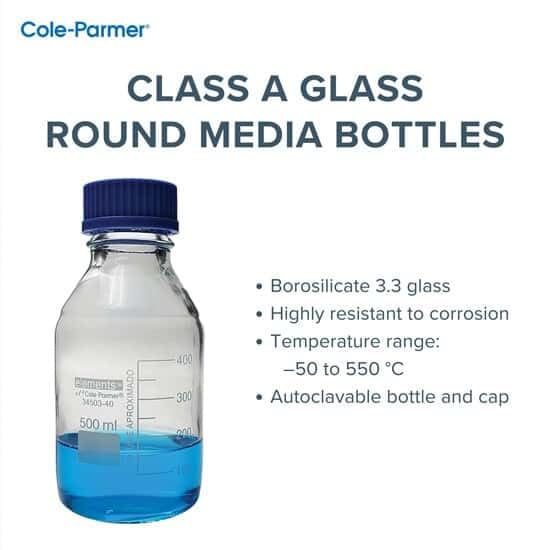 Cole-Parmer Glass Media Bottles, Class A, Round, 100 mL (3.4 oz) - Pack of 10 | Laboratory-Grade Glassware for Chemical Storage & Sample Collection | Ideal for Scientific Research, Medical Labs & Industrial Use