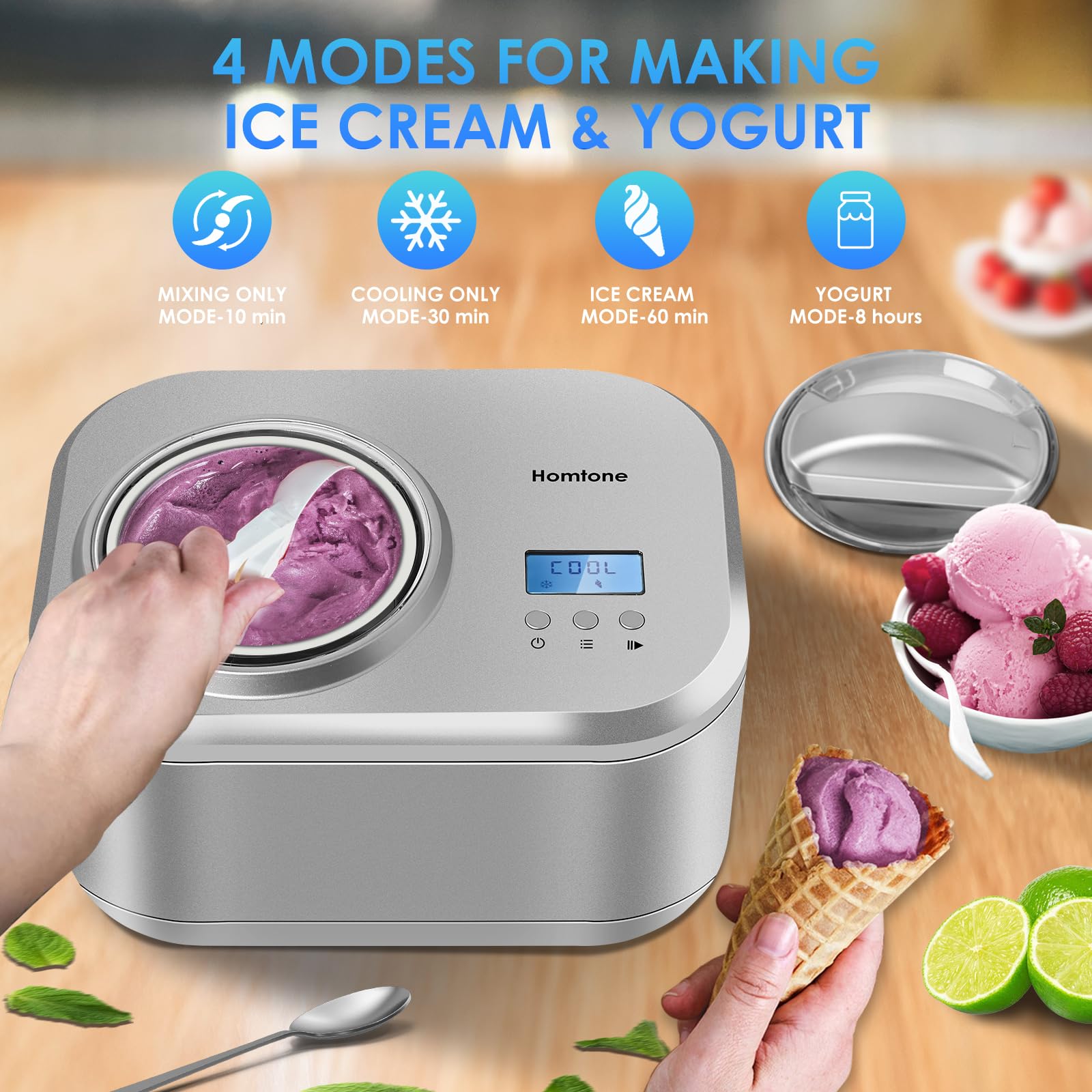 Homtone 1 Quart Automatic Ice Cream Maker with Built-in Compressor & LCD Timer - Make Ice Cream, Gelato, Frozen Yogurt in 30-60 Minutes | No Pre-Freezing Needed | Perfect for Home Kitchens, Parties & Dessert Shops
