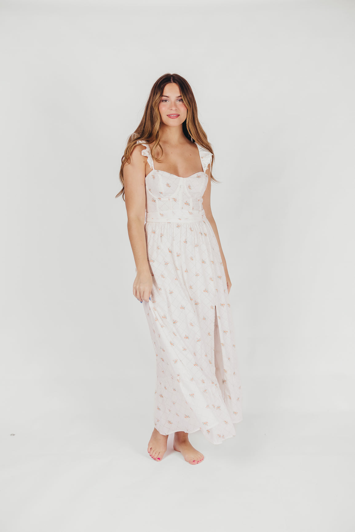 Rosamund Bustier Style Maxi Dress - Blush Pink Floral Print, Plus Size (S-3XL) | Wedding Guest Dress, Summer Beach Dress, Formal Occasion Outfit