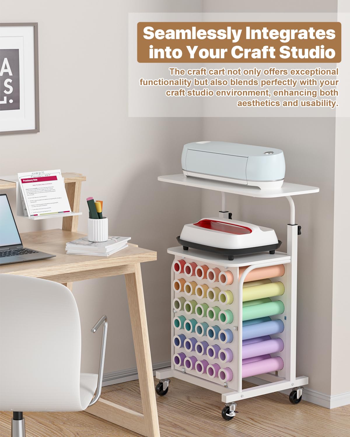 Rolling Craft Cart with Vinyl Roll Holder & Adjustable Height - Craft Storage Organizer Table Compatible with Cricut Machines | Perfect for Scrapbooking, DIY Projects & Craft Room Organization