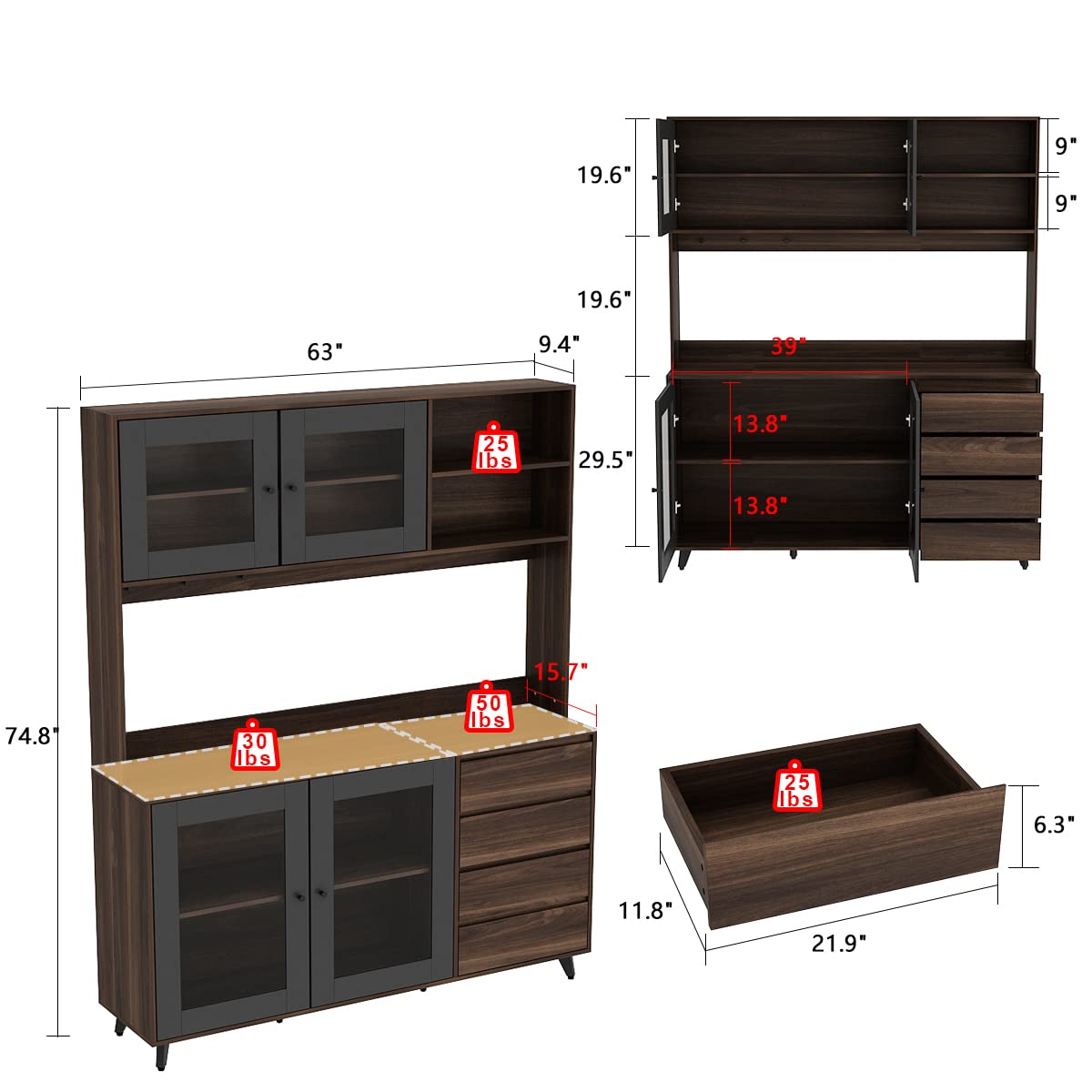 Freestanding Kitchen Pantry Cabinet with Glass Doors, Shelves & Drawers - Modern Wood Buffet Sideboard with Hutch & Hooks - Dark Brown Storage Cupboard for Dining Room, Living Room & Kitchen Organization