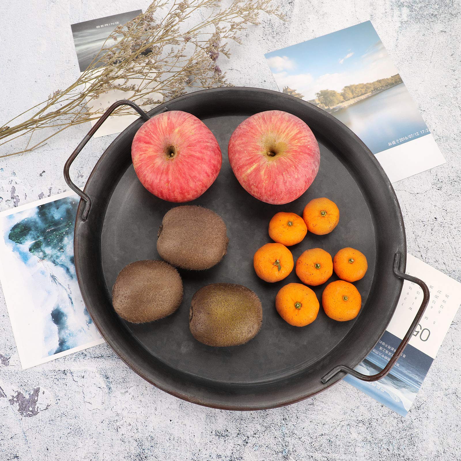 Hipiwe Industrial Style Metal Iron Tray - Galvanized Round Serving Tray with Handles for Coffee Table, Rustic Home Decor, Breakfast Serving Tray - Perfect for Dining, Entertaining & Farmhouse Style Decor