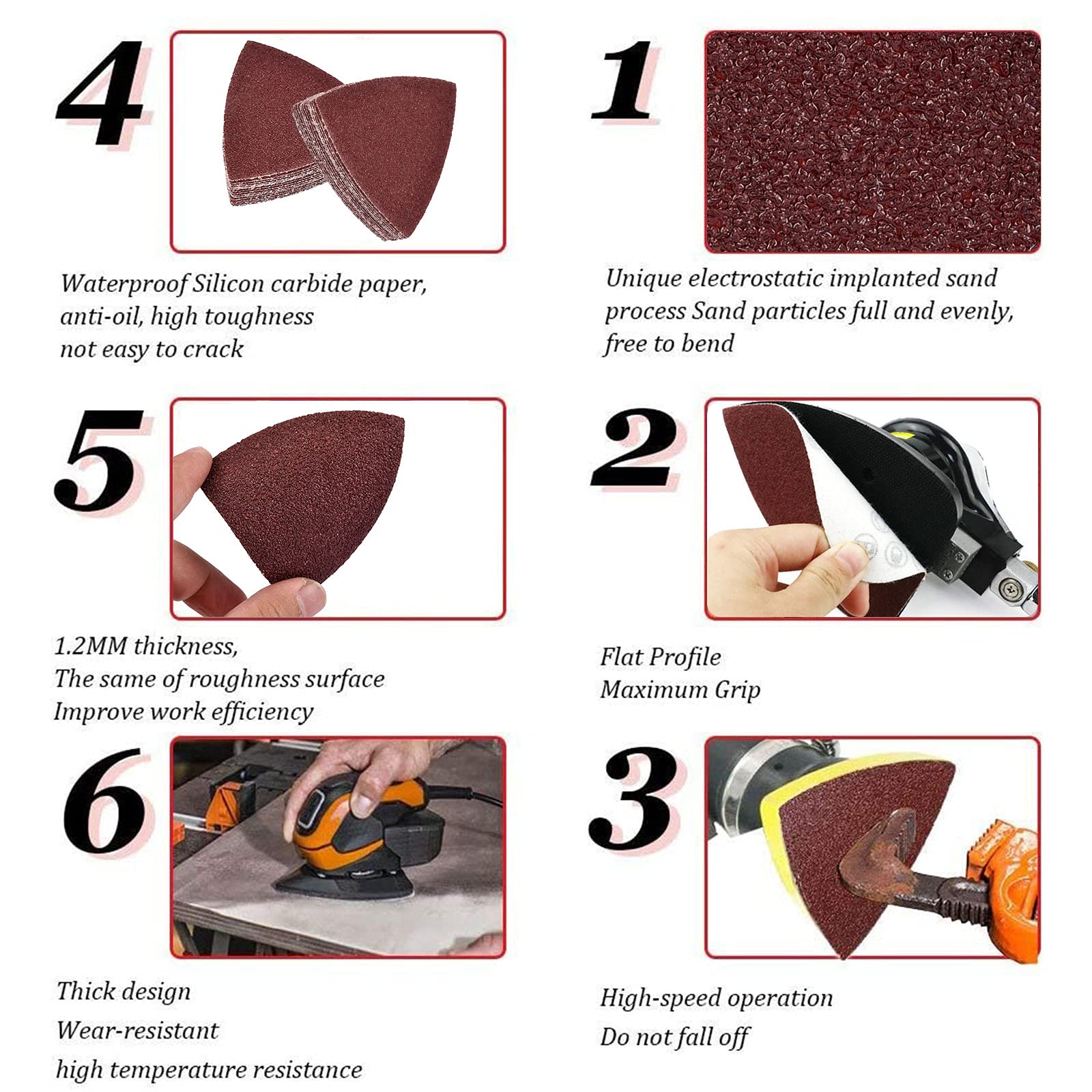50Pcs 80mm Triangular Hook and Loop Sandpaper Assortment - 40/60/80/120/180 Grit Multi-Tool Sanding Pads for 3-1/8