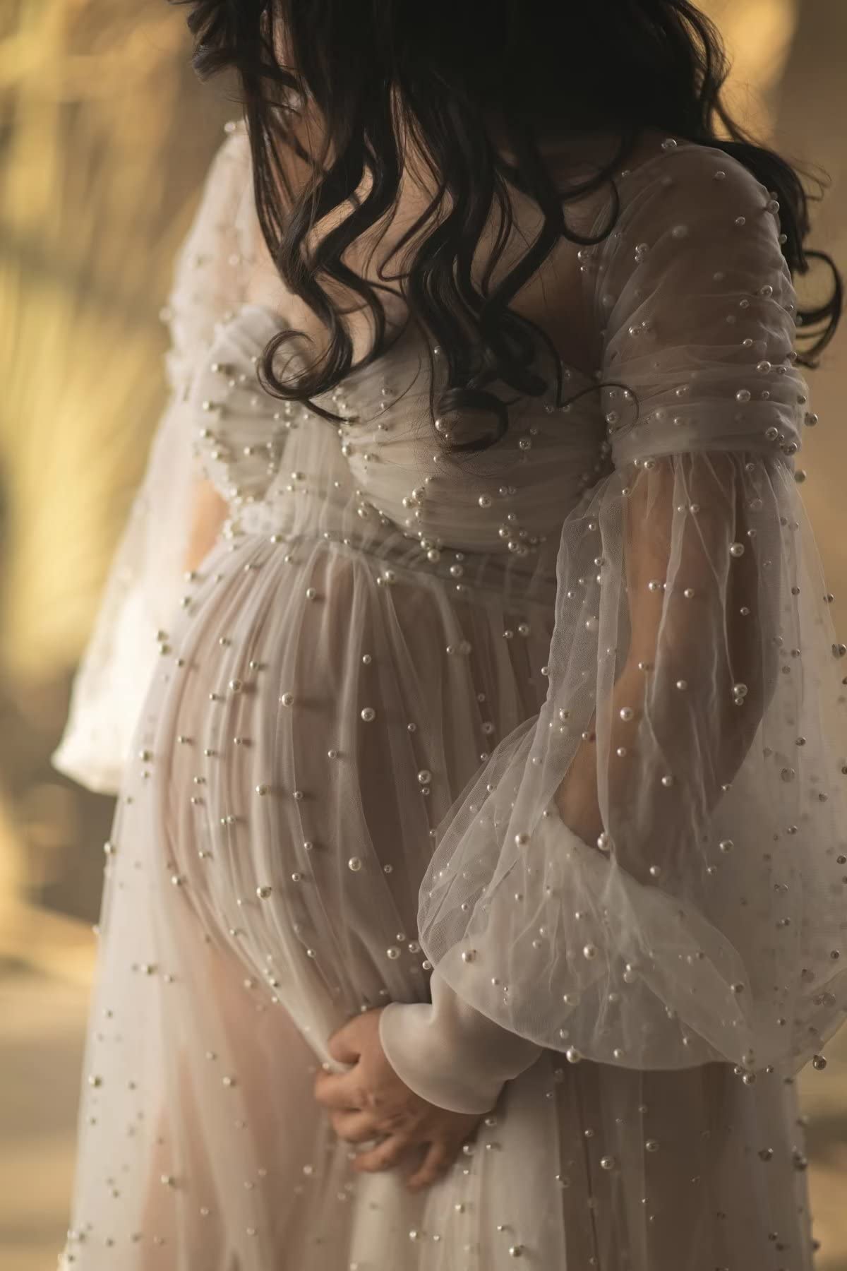 Elegant Pearl Embellished Tulle Maternity Dress with Long Puffy Sleeves - Perfect for Baby Showers, Pregnancy Photoshoots & Special Occasions | Flowy Maternity Gown for Stunning Maternity Pictures & Celebrations
