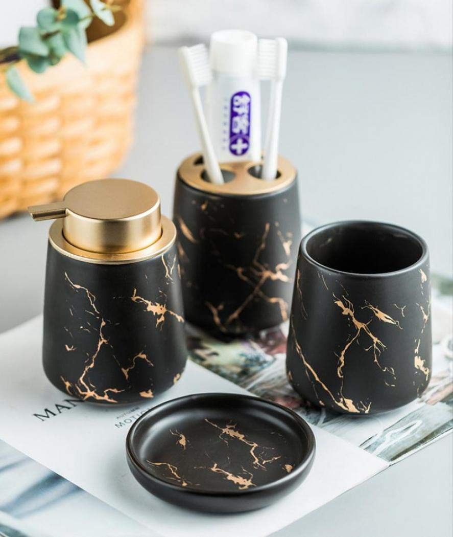 Luxury Marble Pattern Bathroom Accessories Set - 4 Piece Ceramic Soap Dispenser & Bath Decor in Matte Black | Modern Bathroom Organization & Stylish Home Decor for Guest Bathrooms, Master Suites & Spa-Like Retreats