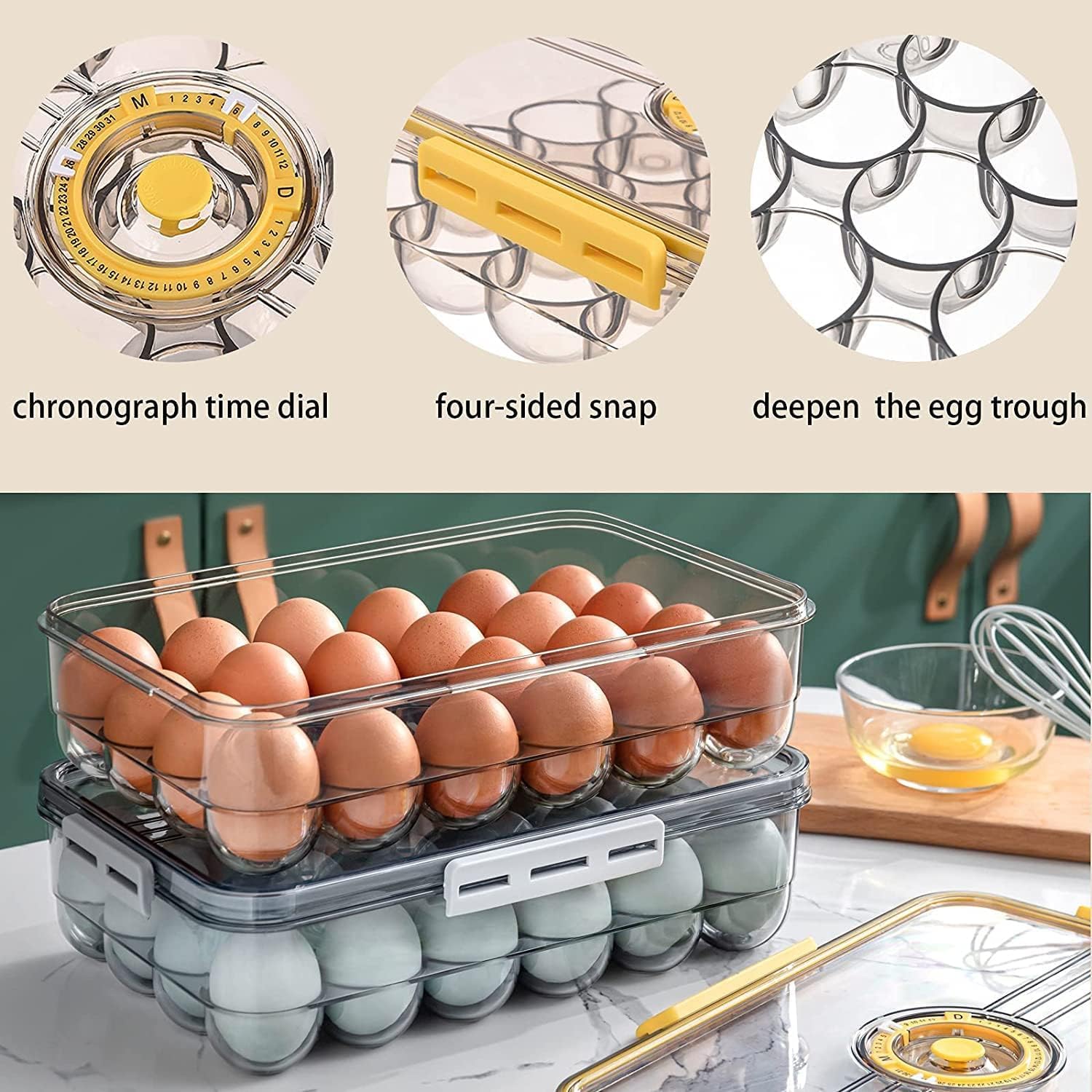 Bosig® 18-Grid Clear Plastic Egg Organizer Box with Lid - Stackable Egg Storage Container, Portable Egg Case & Holder for Kitchen, Fridge, Camping, and Travel