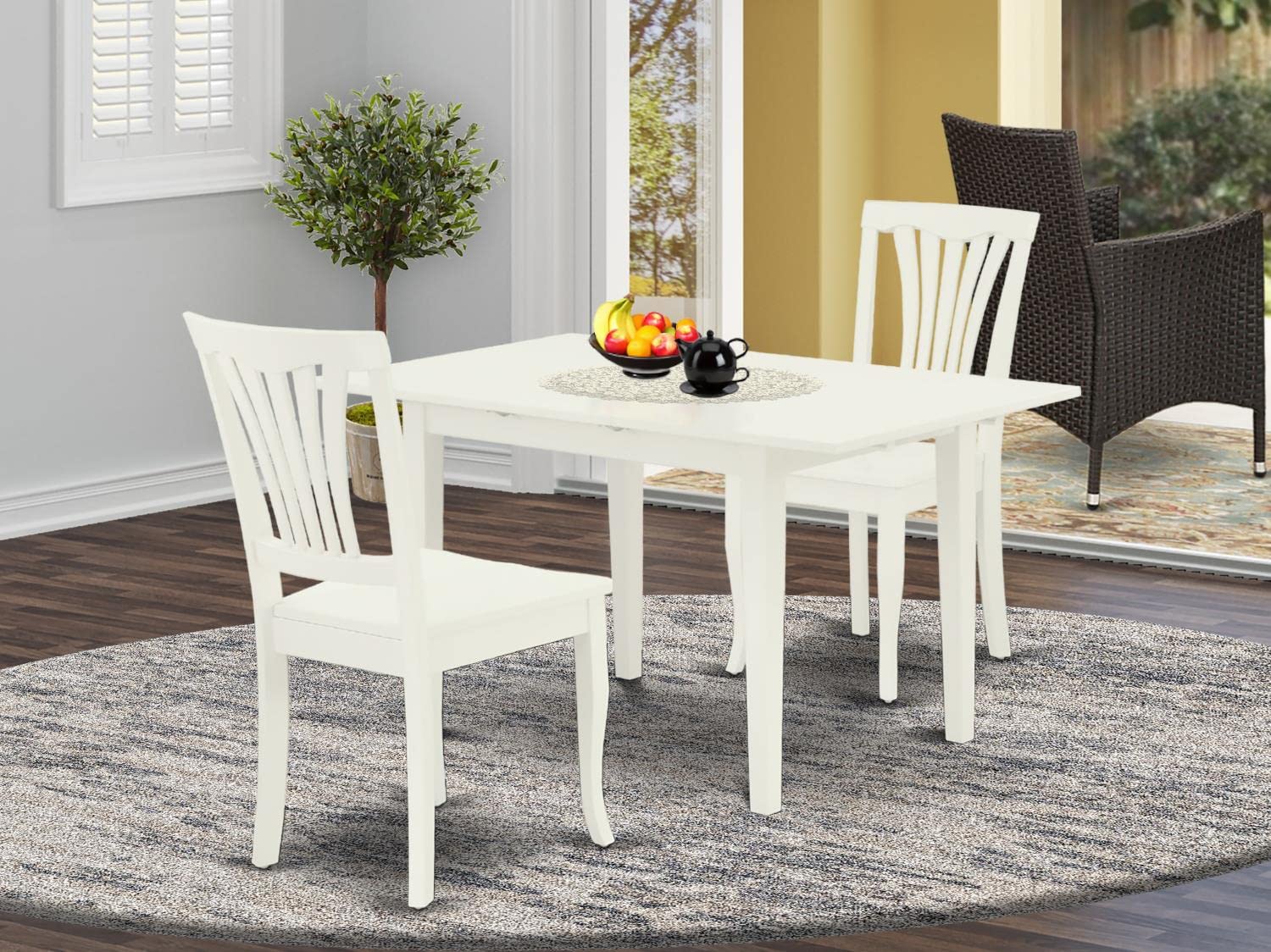 East West Furniture NOAV3-LWH-W 3-Piece Dining Set with Rectangle Table & 2 Wood Chairs - Expandable Butterfly Leaf, 32x54 Inch, Linen White - Perfect for Small Spaces, Breakfast Nooks & Cozy Apartments