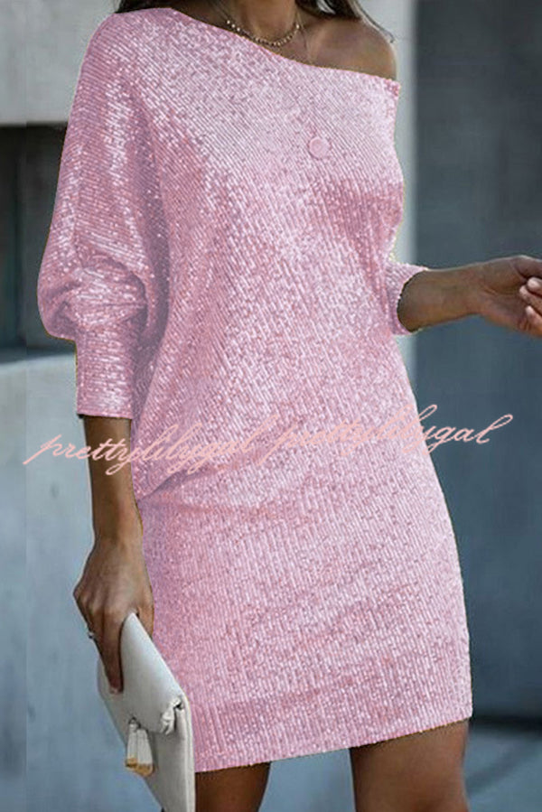 Elegant Solid Sequined Off-Shoulder Loose Mini Dress for Women - Perfect for Parties, Date Nights & Special Occasions