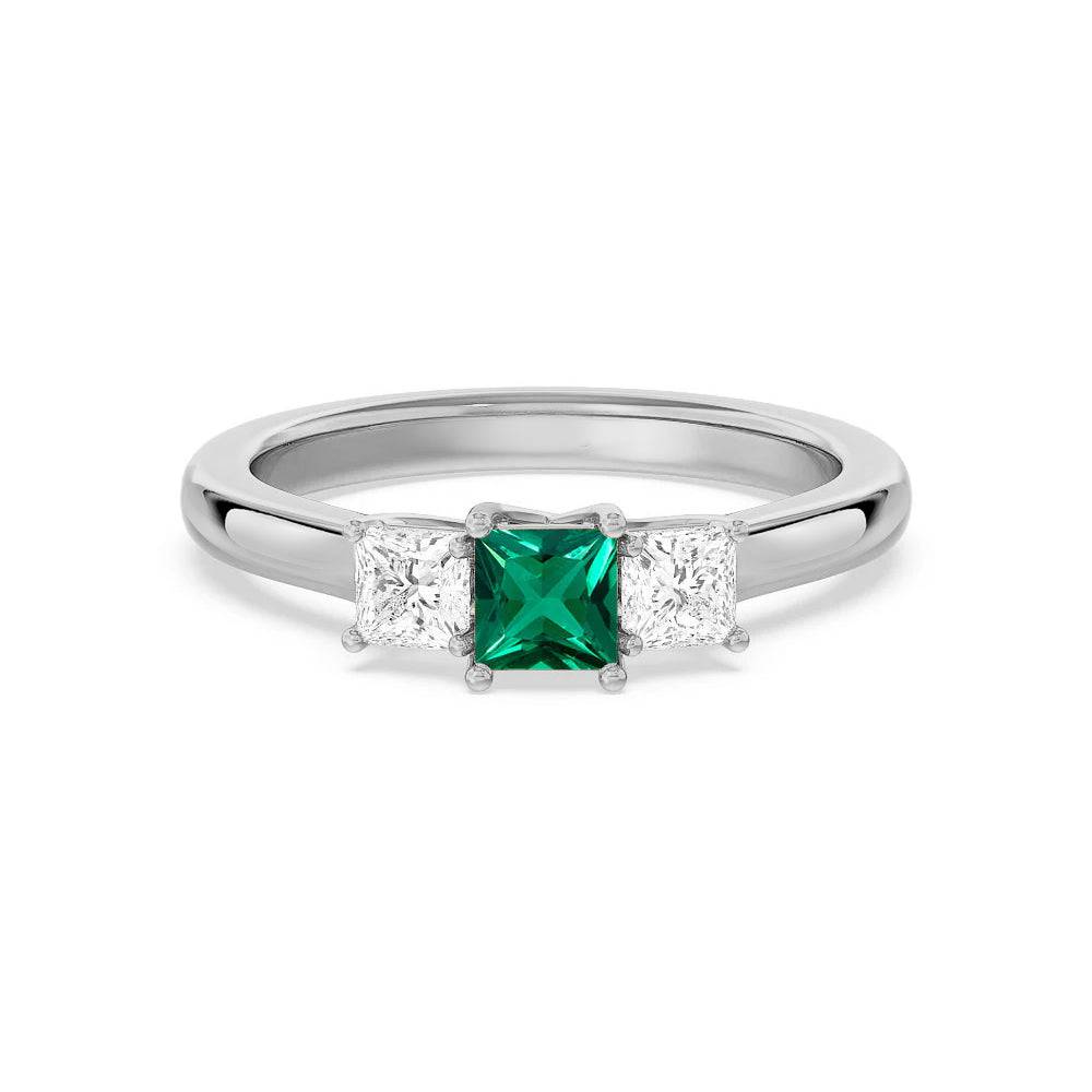 Lab Grown Emerald & Princess Cut Diamond Three Stone Ring - Elegant Engagement, Wedding, or Anniversary Jewelry Gift for Her