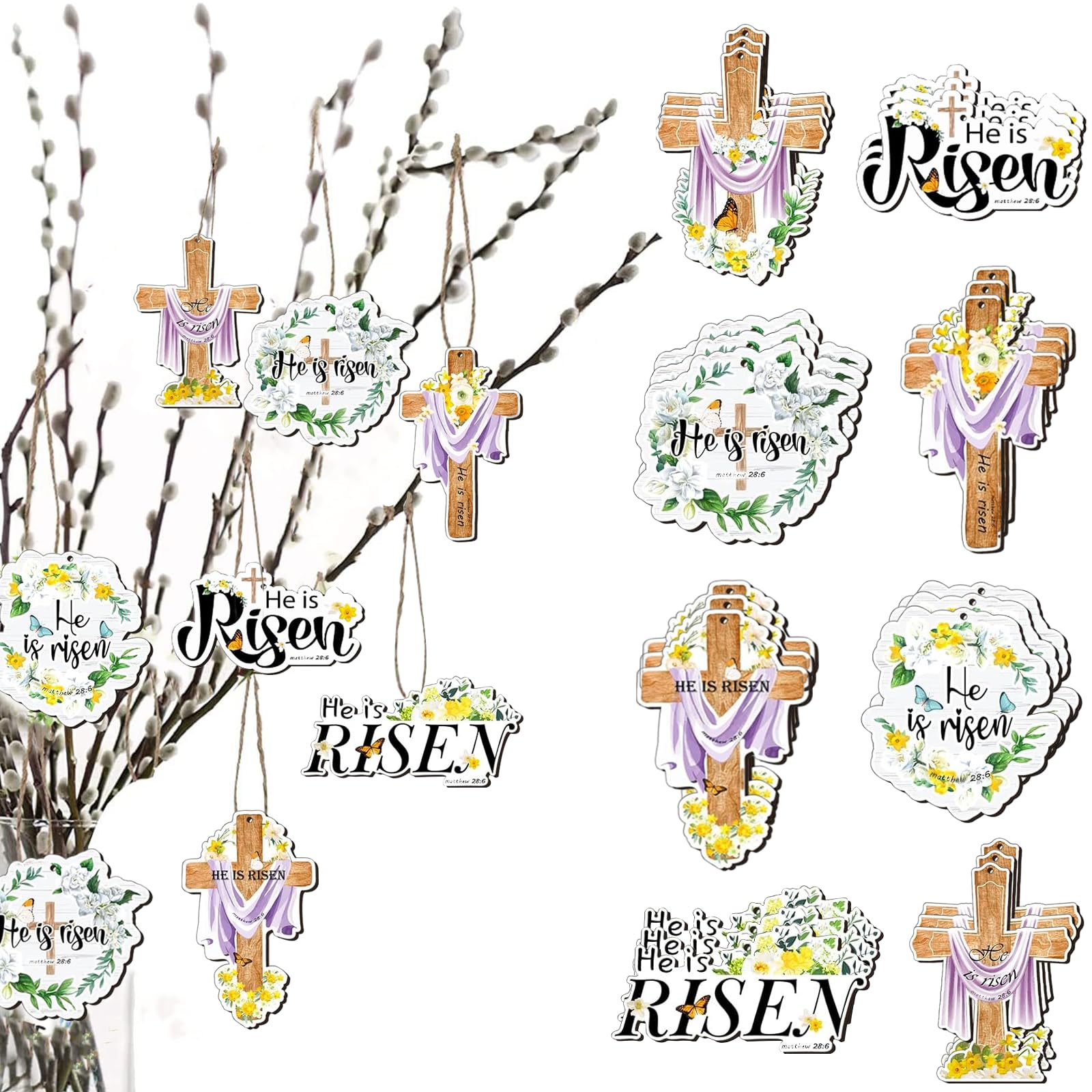 24 Pcs Easter Wooden Hanging Ornaments - Religious Cross Decorations with 