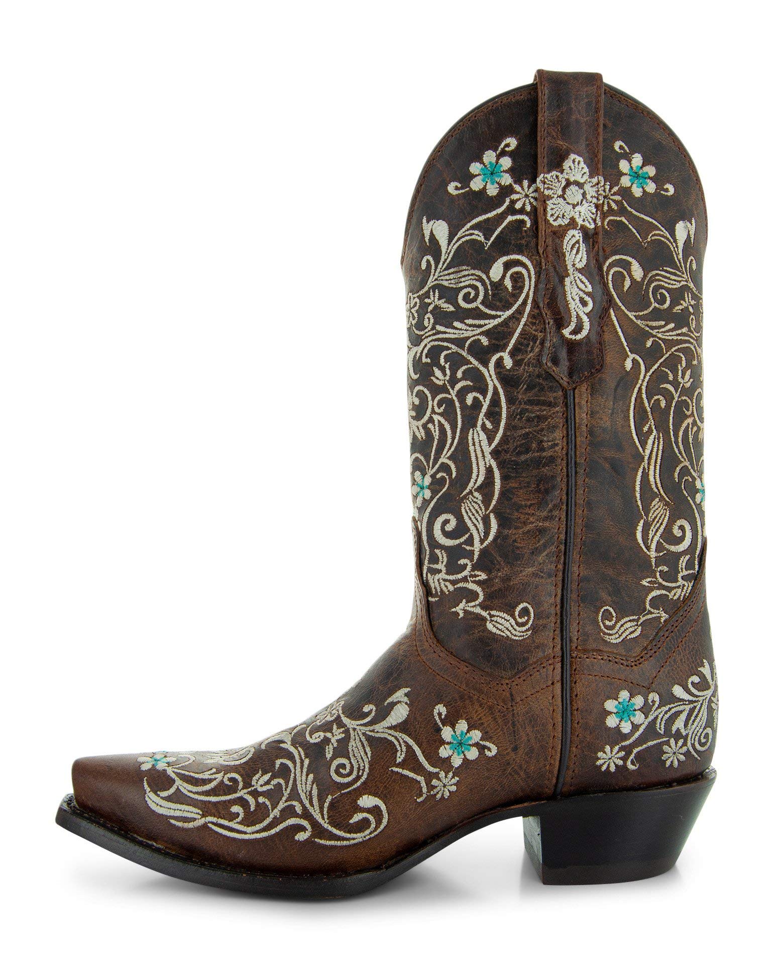 Vintage Flower Embroidered Cowgirl Boots for Women - Genuine Leather Handcrafted Western Boots (M50042 Brown) | Perfect for Country Dancing, Rodeos & Western Fashion