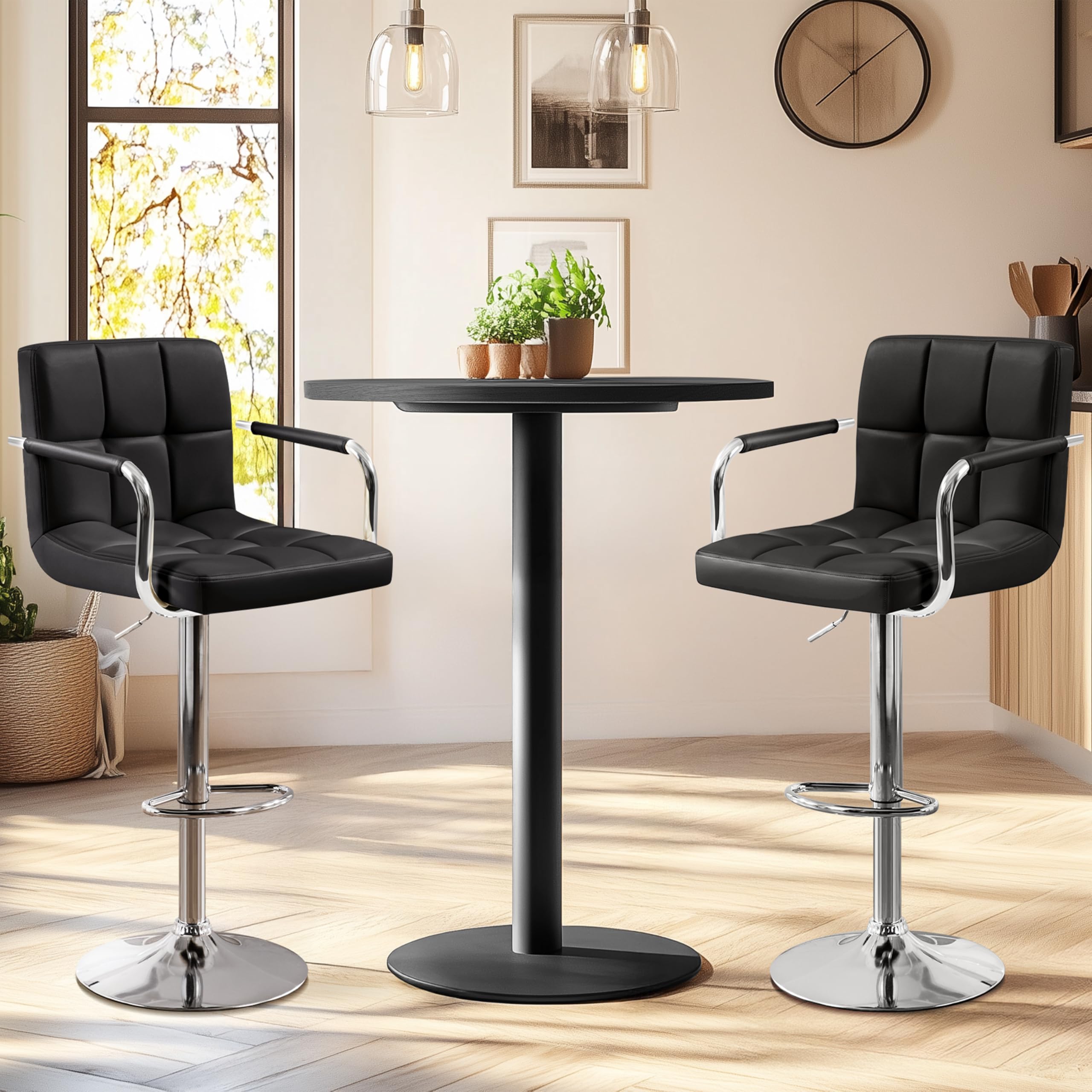 Yaheetech 2-Pack Adjustable Swivel Bar Stools with PU Leather Seat - Hydraulic Height Counter Stools with Armrest & Back Support for Kitchen, Bar & Dining Room - Perfect for Breakfast Nook, Home Bar & Entertainment Areas - Black