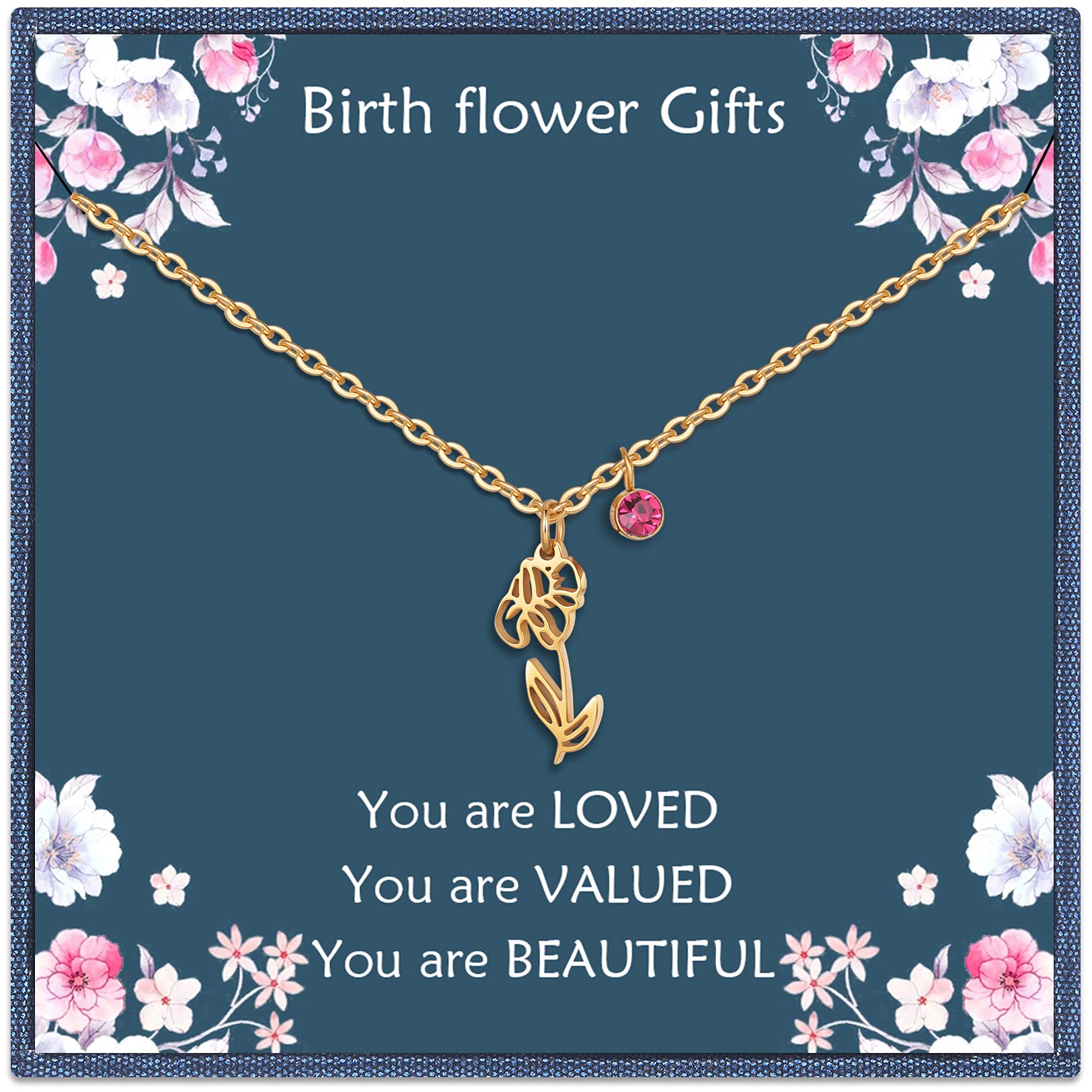 Birth Flower Necklace for Women - 14K Gold Plated Birth Month Floral Pendant with Birthstone | Meaningful Birthday Gift for Mom, Wife, Friend | Perfect for Anniversaries, Mother's Day & Special Occasions