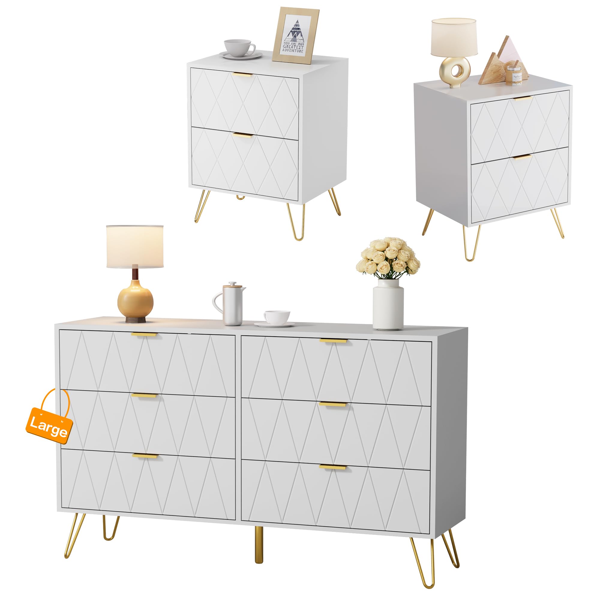 Modern White 3-Piece Bedroom Set with 6-Drawer Dresser & 2 Nightstands - Minimalist Bedroom Furniture for Master Bedroom, Guest Room or Apartment - Easy Assembly & Space Saving Design