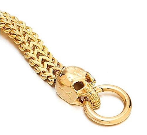Gothic Men's Stainless Steel Skull & Lion Head Biker Chain Bracelet - Gold & Silver Tone Curb Link Jewelry for Motorcycle Enthusiasts | Perfect for Biker Gangs, Rock Concerts & Gothic Fashion