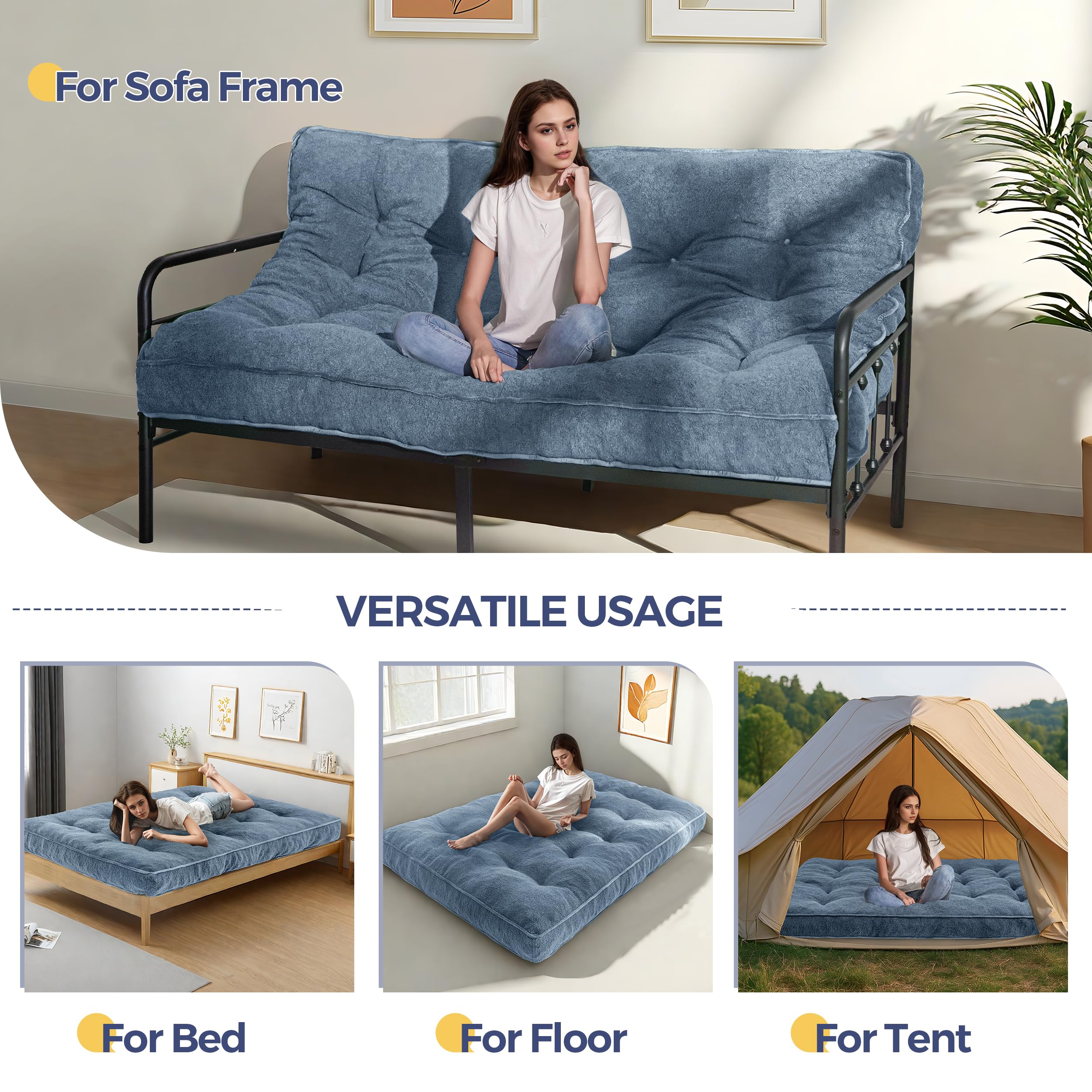 MAXYOYO 6 Inch Full Size Futon Mattress - Thick Boucle Sofa Bed with Shredded Foam Filling for Adults, Dusty Blue | Convertible Sleeper, Floor Mattress & Guest Bed Solution (Frame Not Included)