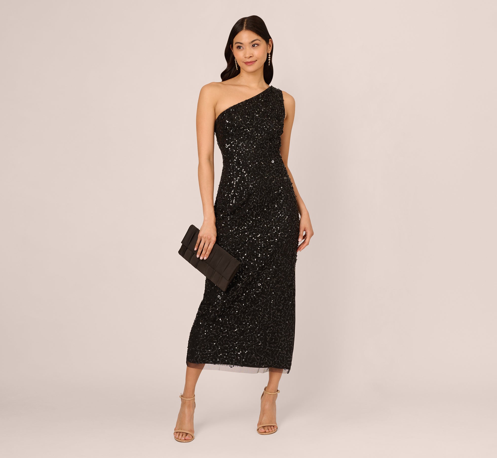 Elegant One Shoulder Sequin Beaded Black Ankle Length Evening Dress for Prom, Party & Special Occasions