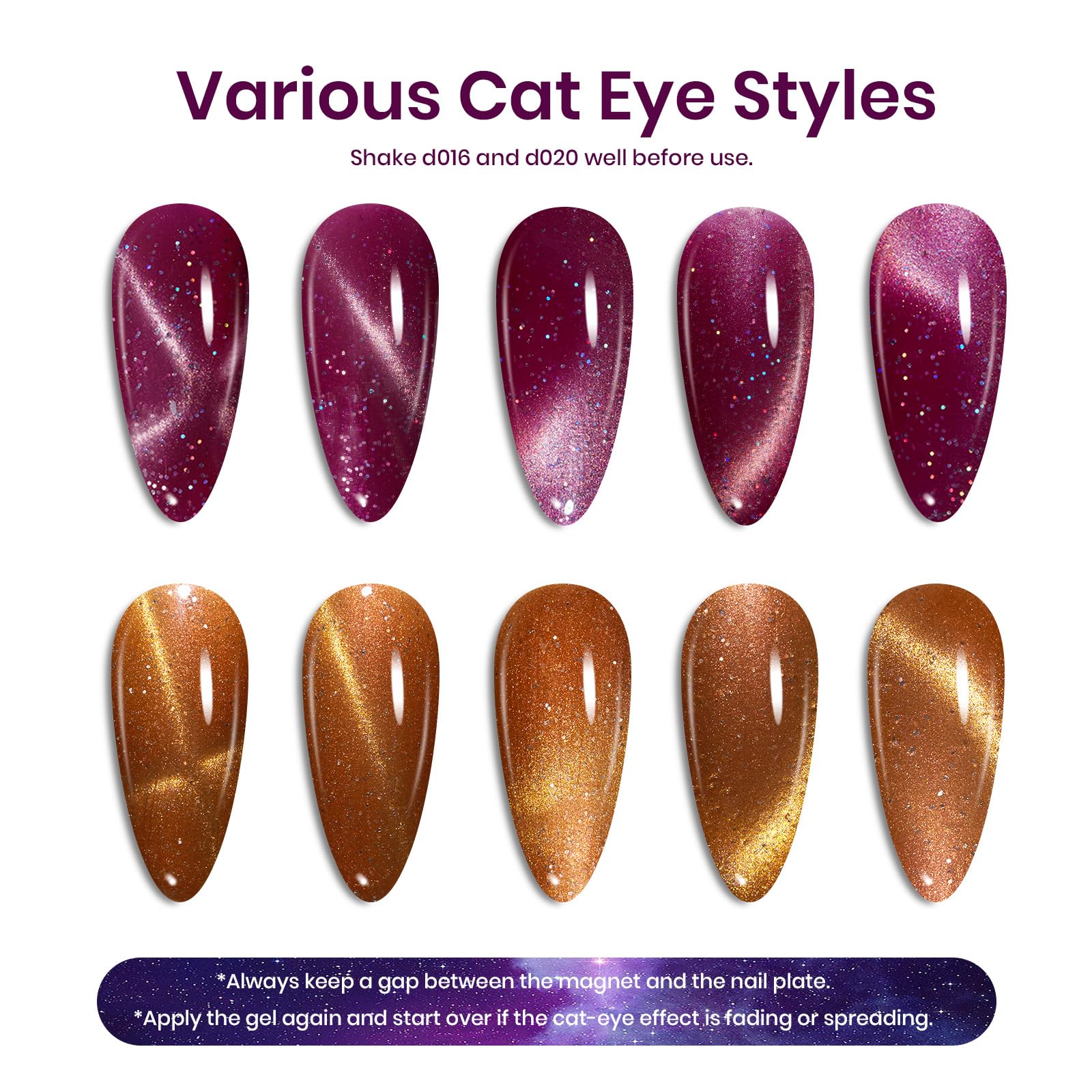 Beetles Cat Eye UV Gel Nail Polish Set - 6 Colors (Purple Glitter, Nude Sparkle, Champagne, Burgundy, Gold, Lavender) with Magnetic Effect - Professional Salon Quality Nail Art Design Kit - Perfect Gift for Women - Great for Home Manicures, Parties & Special Occasions