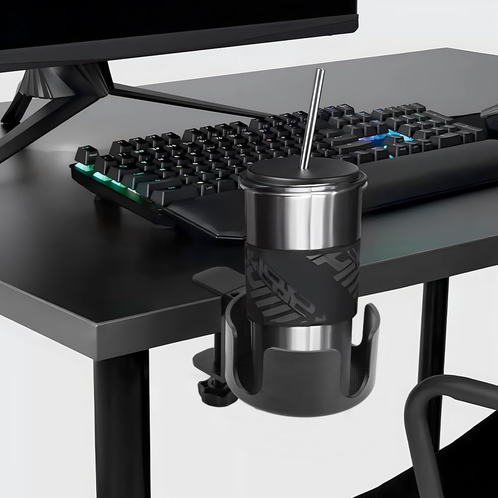 Anti-Spill Desk Cup Holder Clamp - Metal Office & Gaming Desk Accessory for Coffee Mugs, Water Bottles, Headset & Pencil Organization (3.74 Inch, Black) - Perfect for Home Office, Gaming Setup & Workspace Organization