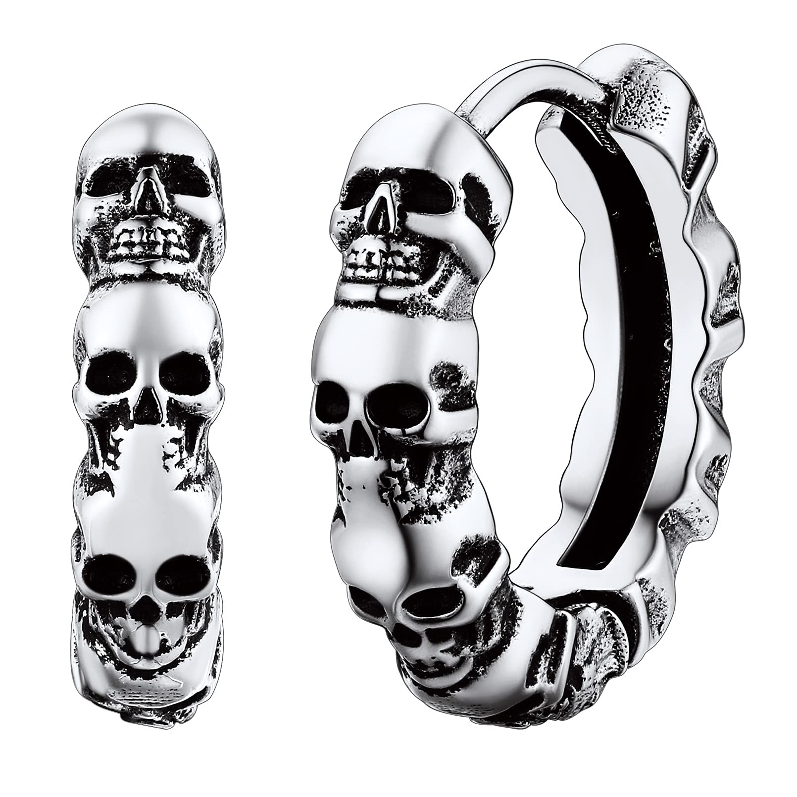 FaithHeart Skull Hoop Earrings for Men - Silver/Black/Gold Stainless Steel Huggie Earrings - Lightweight Hypoallergenic Jewelry for Sensitive Ears - Perfect for Punk, Gothic & Everyday Wear