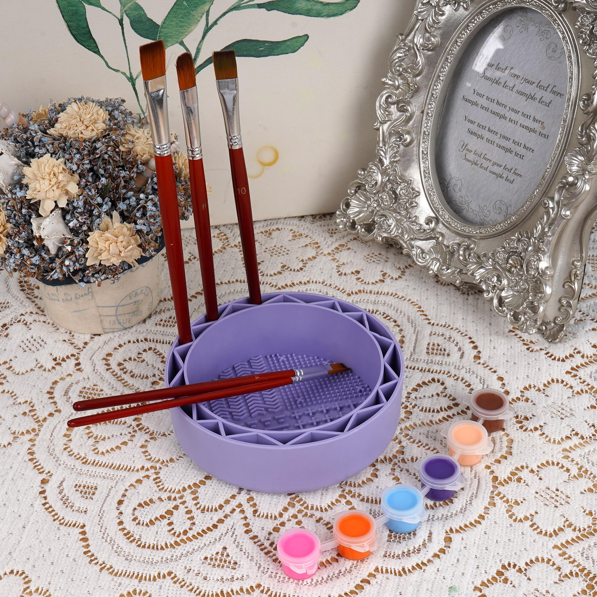 Silicone Brush Washer Cup - Watercolor & Acrylic Paint Cleaner (Purple) for Artists Studio