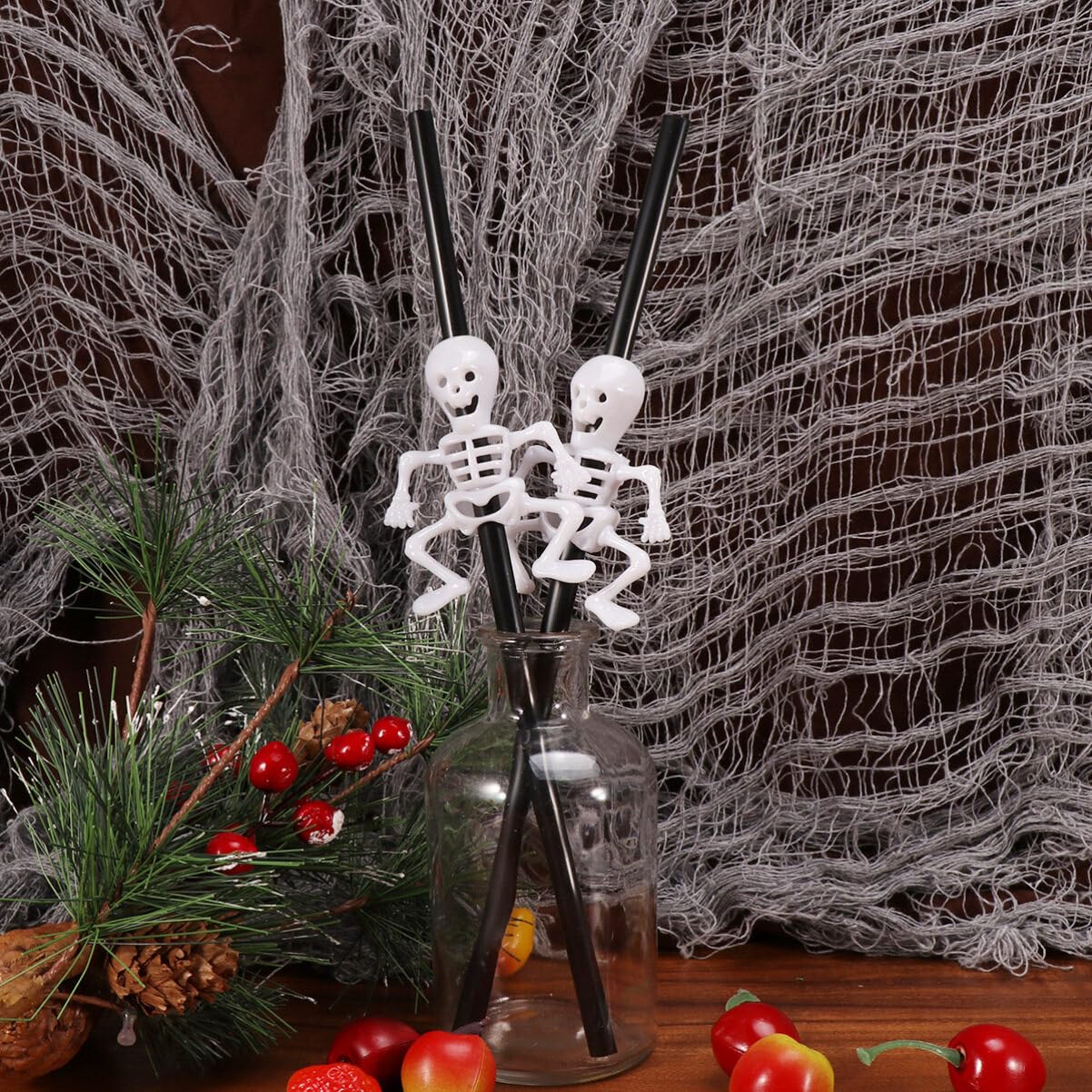Amosfun 10Pcs Halloween Skeleton Body Drinking Straws - Black Straight Plastic Straws for Halloween Party, Bar Decorations, Themed Events & Spooky Celebrations
