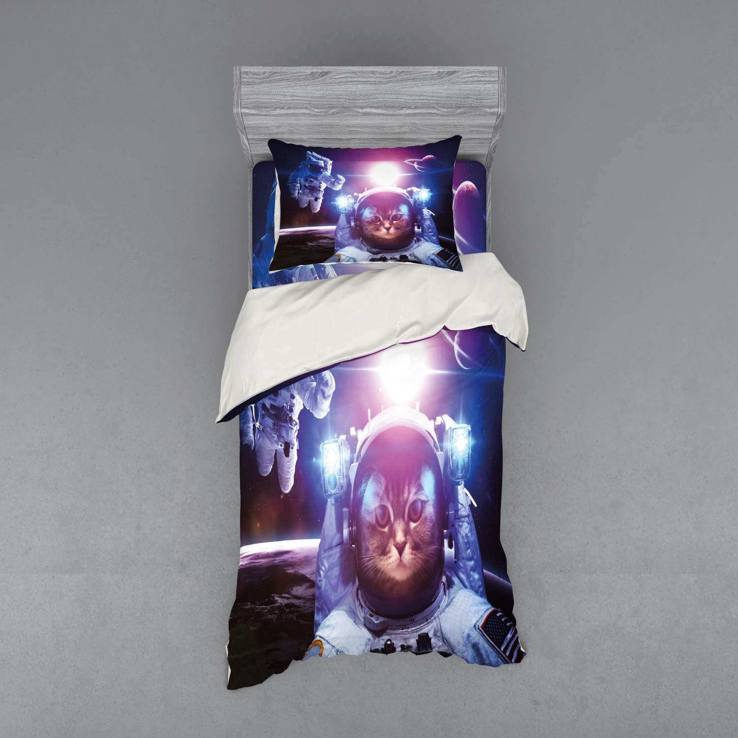 Ambesonne Space Cat Bedding Set - Twin Size 3-Piece Duvet Cover with Sham & Fitted Sheet, Astronaut Cat in Nebula Galaxy Print, Dark Blue White Purple - Perfect for Kids' Room, Space-Themed Bedroom Decor & Sci-Fi Lovers