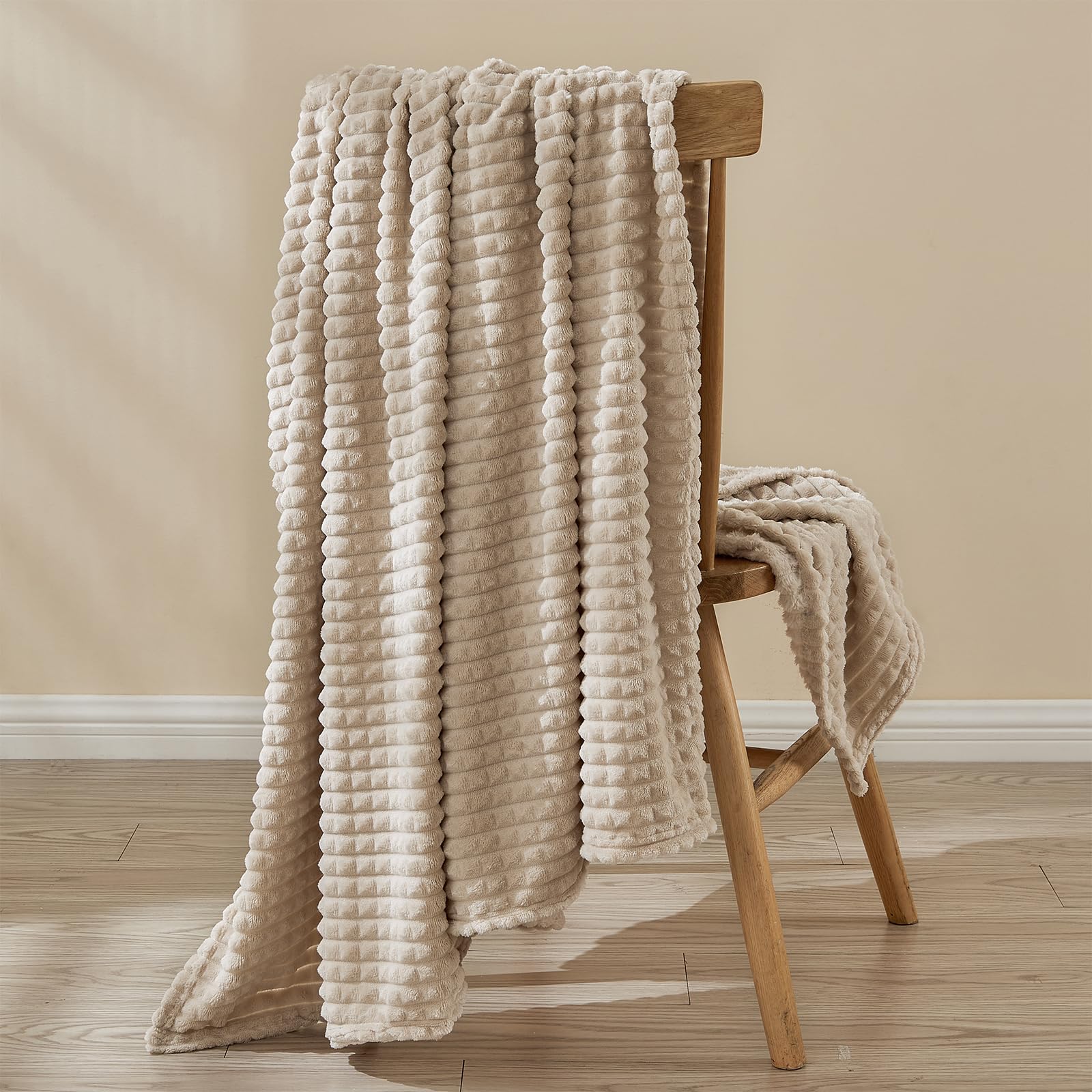Premium EMME Fleece Blanket Twin Size - Ultra Soft & Warm Flannel Throw for Couch, Bed, Sofa, Chair - Plush Cozy Blanket with Geometric Grid Design (Beige, 60'' x 80'') - Perfect for Winter Nights, Lounging & Home Decor