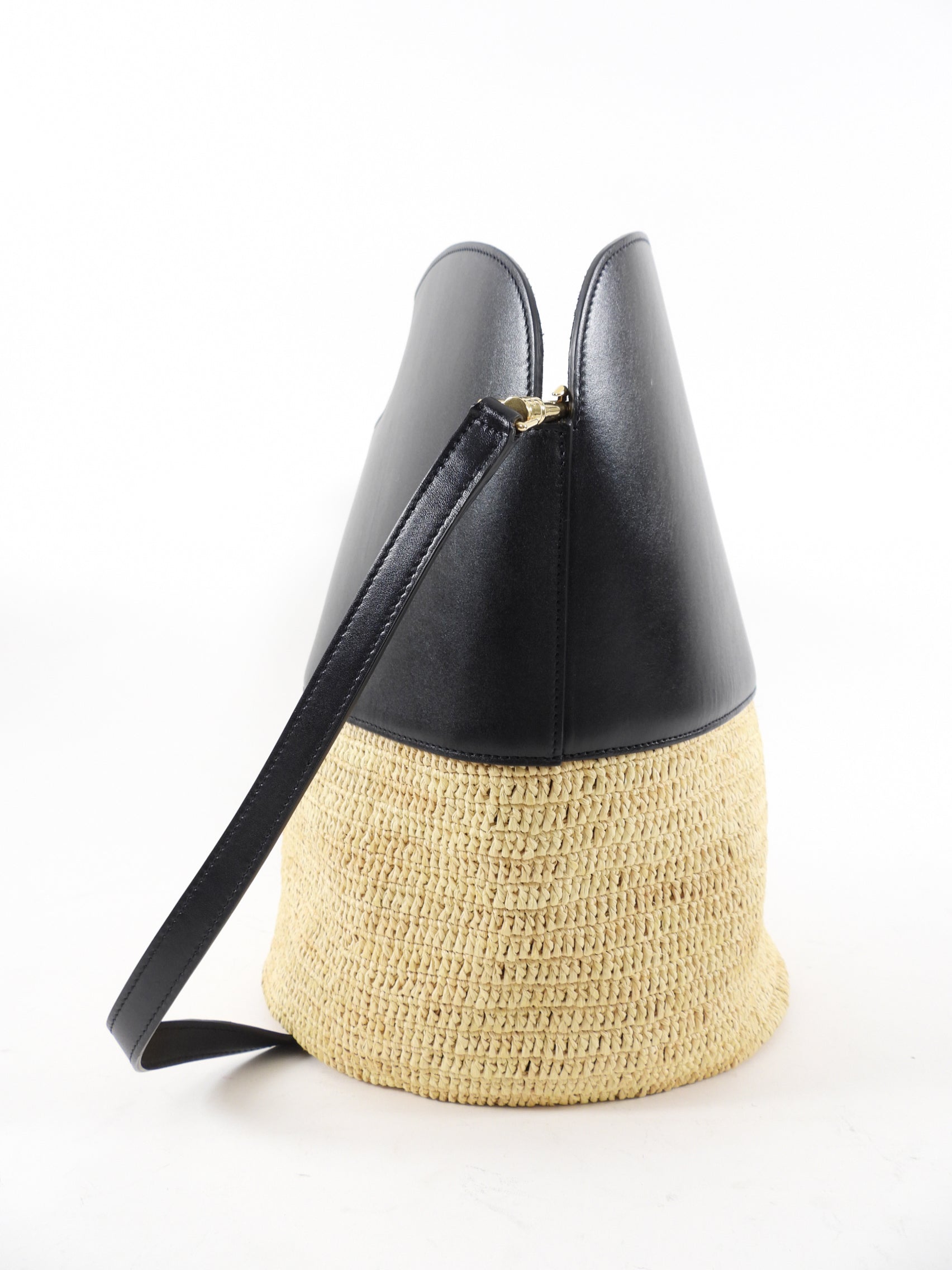 Celine Raffia and Black Leather Basket Bag with Adjustable Strap - Stylish Crossbody Tote for Women, Perfect for Beach, Shopping, and Everyday Use