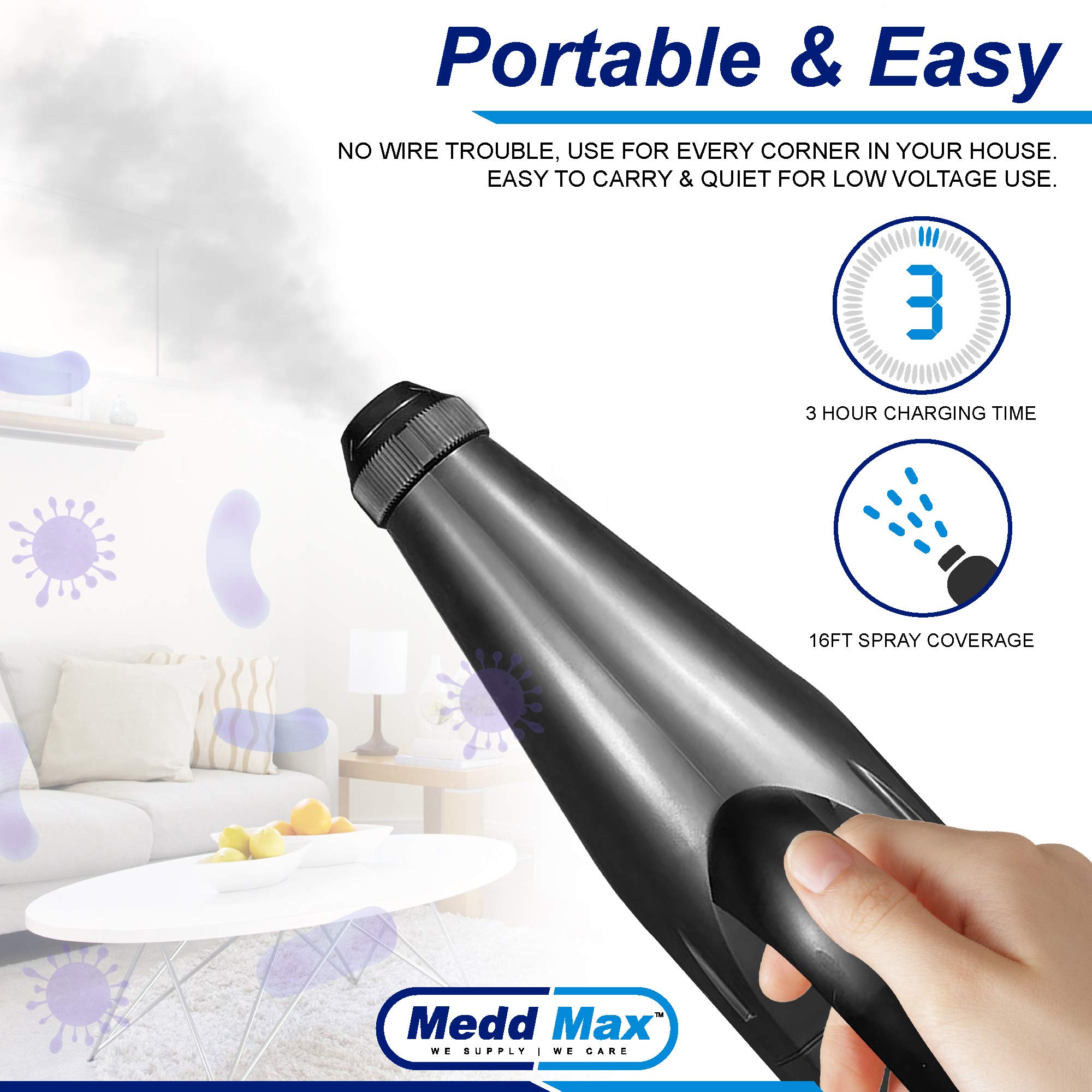 Medd Max Cordless Handheld Electrostatic Fogger Machine - 1.8L Battery Powered Nano Spray Gun for Disinfection, Sanitizing & Pest Control - Portable Electric Fine Mist Sprayer for Home, Garden & Commercial Use