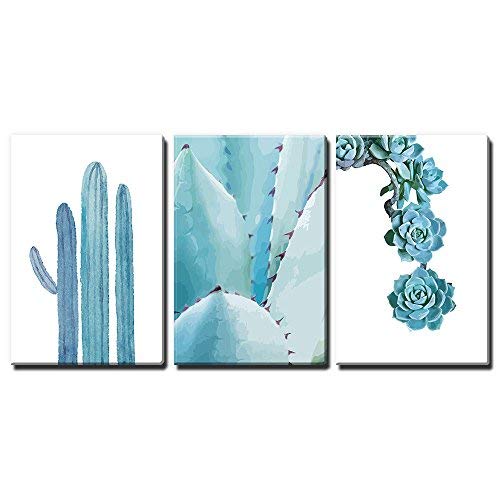 Blue Cactus and Succulent Plants Wall Art - 3 Panel Canvas Prints 16x24 Inches - Modern Giclee Gallery Wrap Ready to Hang - Desert Themed Home Decor for Living Room, Bedroom or Office