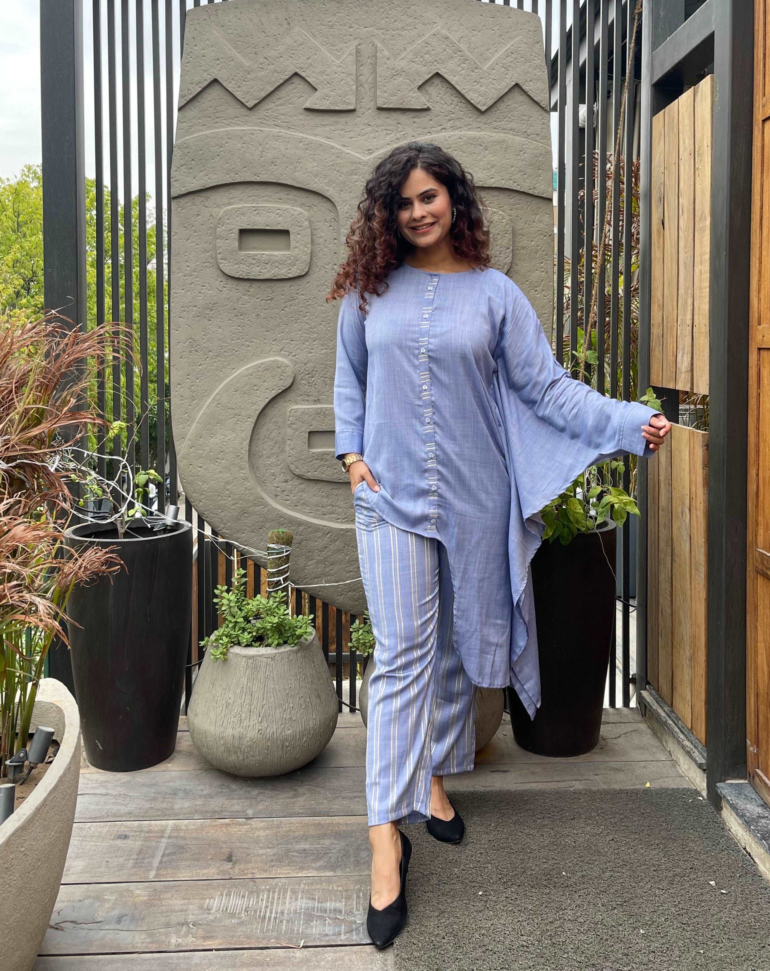 Stylish Blue Asymmetric Cotton Co Ord Set for Women | Trendy Matching Outfit for Casual Wear, Dates & Summer Outings