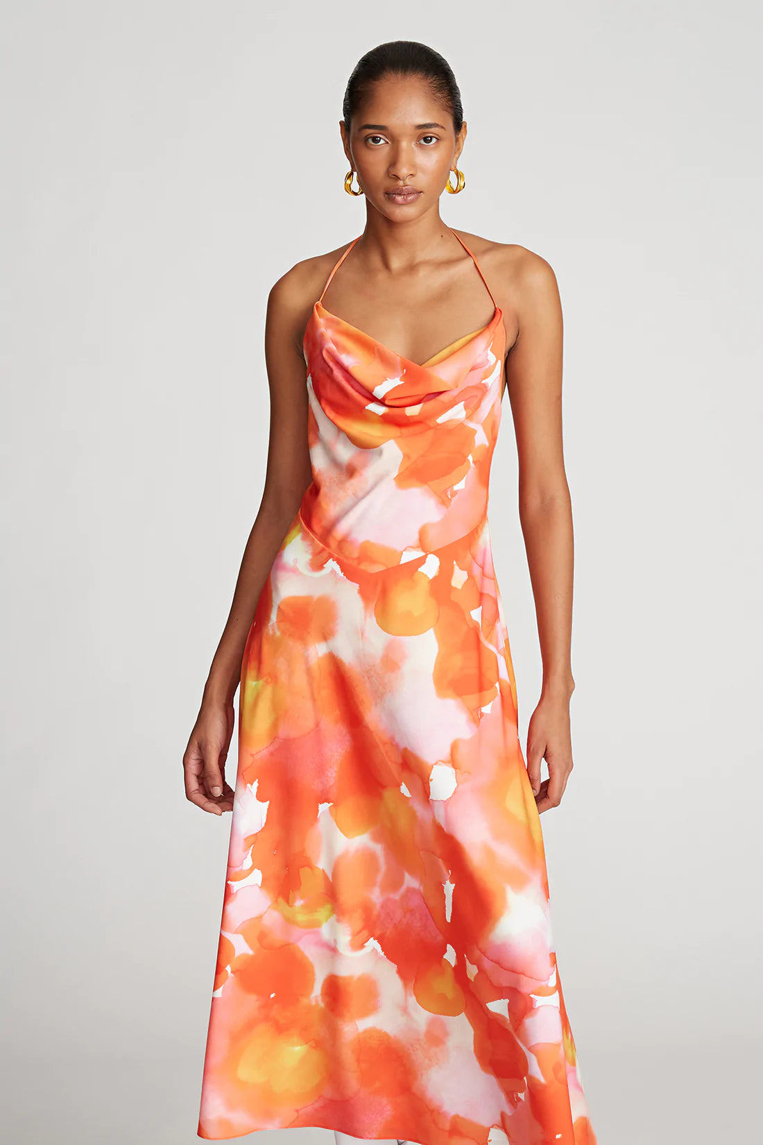 Avni Crepe De Chine Dress - Sunset Watercolor Floral Print, Elegant Flowy Midi Dress for Women, Perfect for Summer Weddings, Garden Parties & Date Nights
