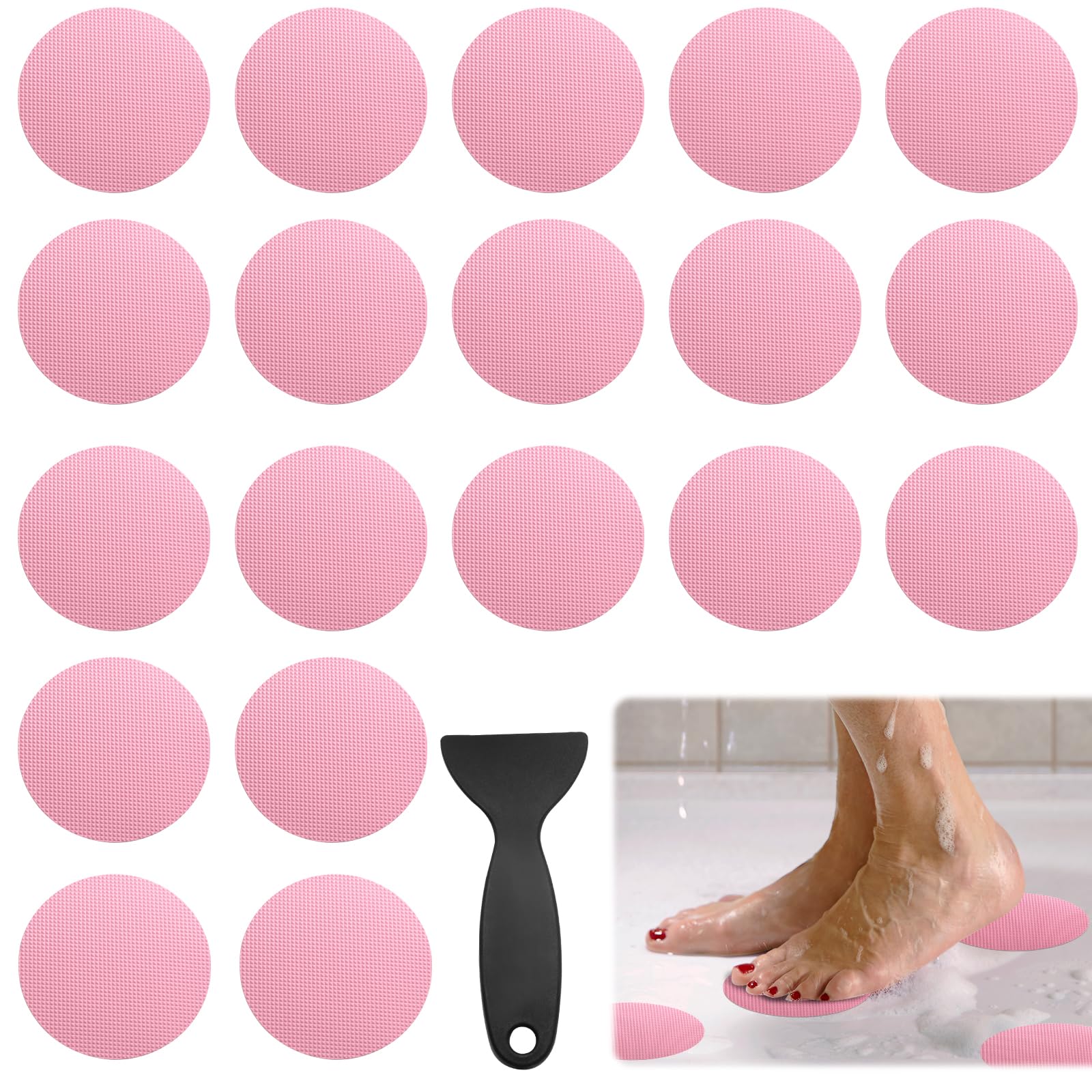 24-Pack Pink Non-Slip Bathtub Stickers - Round Adhesive Anti-Slip Shower Decals for Bathroom Floor, Stairs & Ladders - Includes Scraper Tool - Perfect for Kids & Elderly Safety in Wet Areas