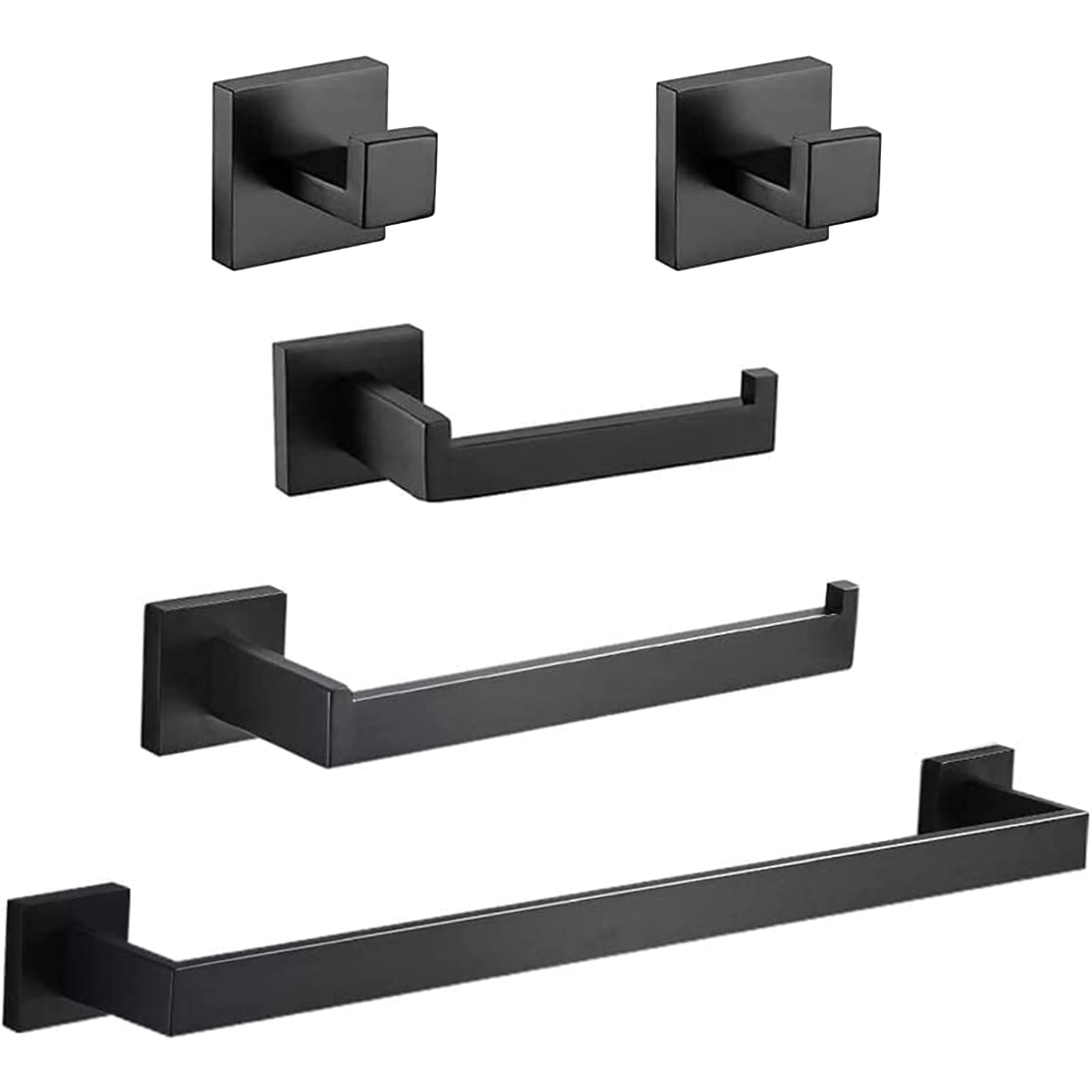 5-Piece Square Bathroom Hardware Set - 60cm Black SUS 304 Stainless Steel Towel Bar, Toilet Paper Holder, Hand Towel Holder & 2 Hooks - Wall Mounted Bathroom Accessories for Modern Home & Hotel Decor