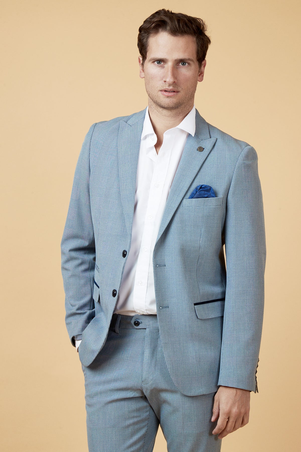BROMLEY Sky Blue Check Two Piece Suit for Men - Classic Formal Business Attire - Perfect for Office, Weddings & Special Occasions